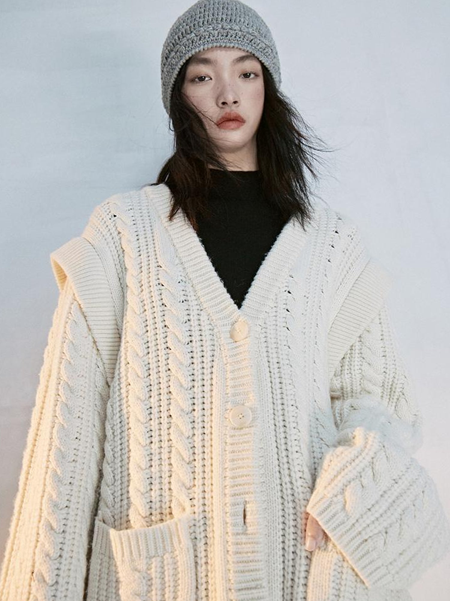 FUSSED Oversized Lambswool Wool Blend Cable Knit Cardigan Coat