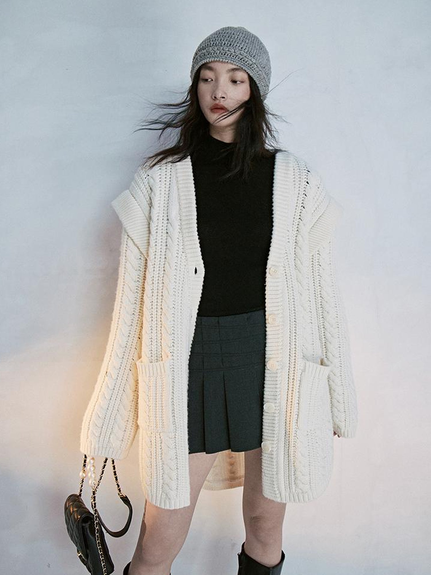 FUSSED Oversized Lambswool Wool Blend Cable Knit Cardigan Coat