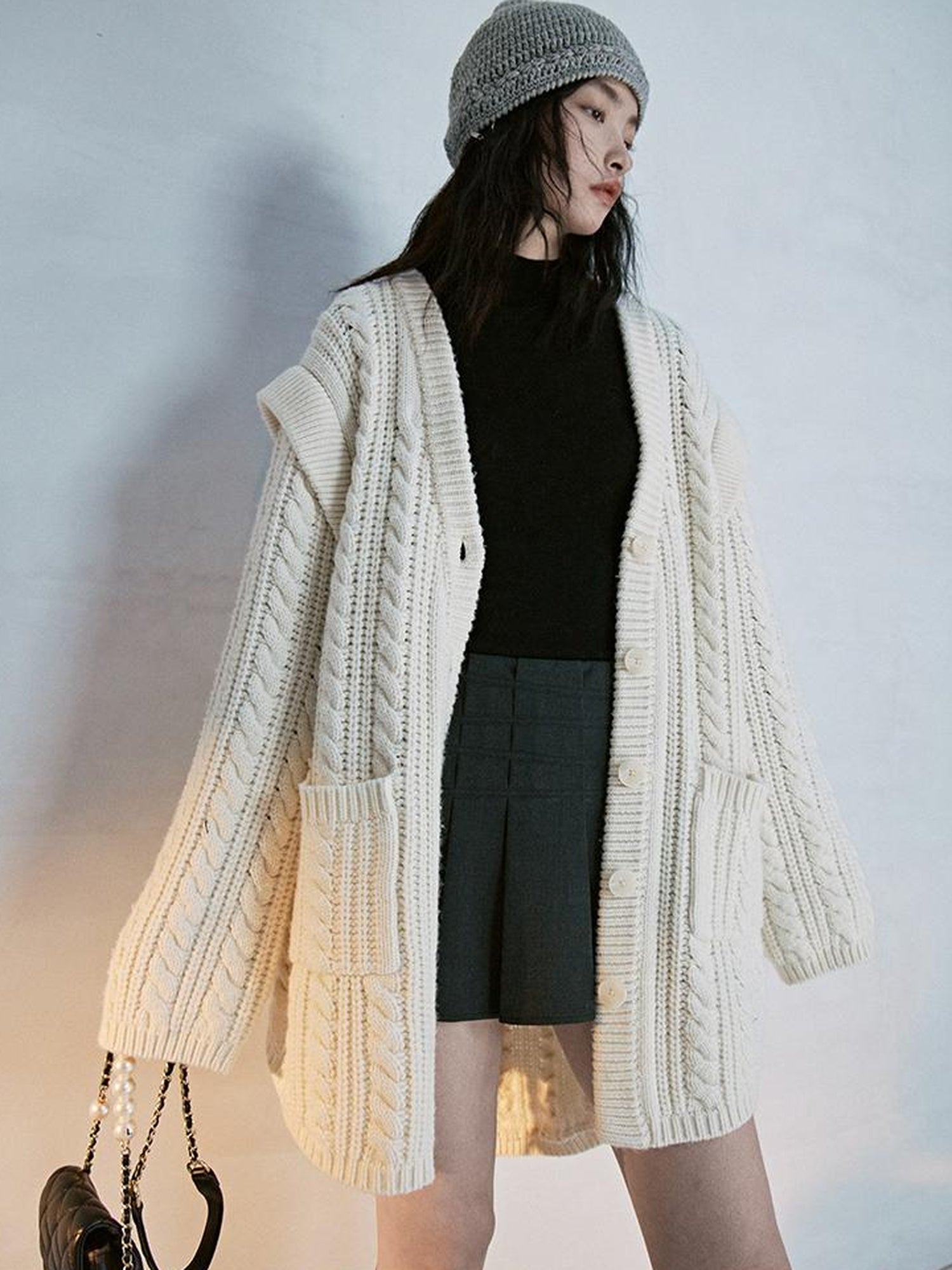 FUSSED Oversized Lambswool Wool Blend Cable Knit Cardigan Coat