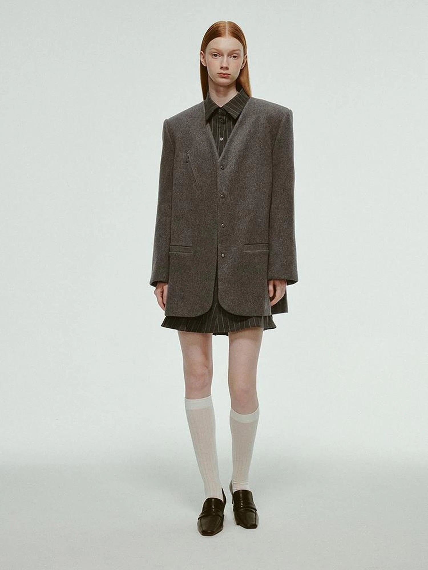 Oversized V-Neck Wool Blend Blazer In Mercury Gray