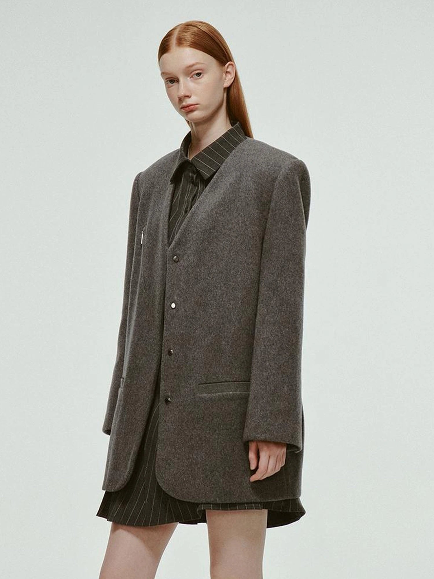 Oversized V-Neck Wool Blend Blazer In Mercury Gray