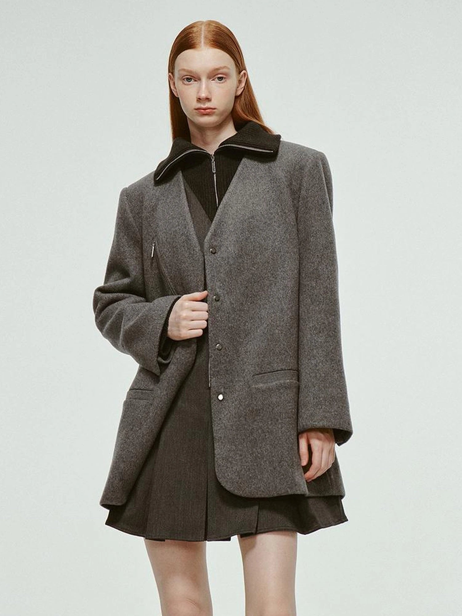 Oversized V-Neck Wool Blend Blazer In Mercury Gray