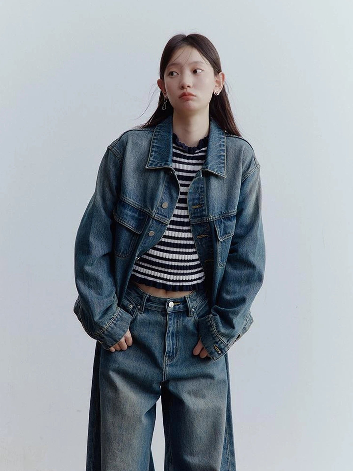Oversized Vintage Wash Denim Jacket In Retro Blue