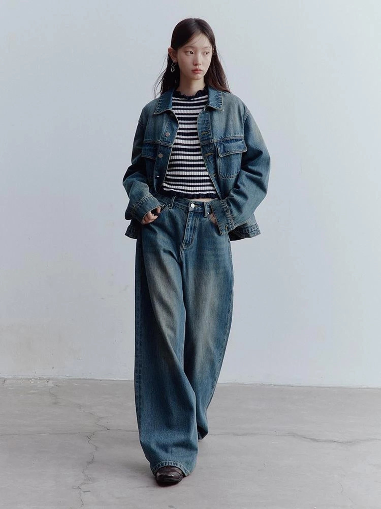 Oversized Vintage Wash Denim Jacket In Retro Blue