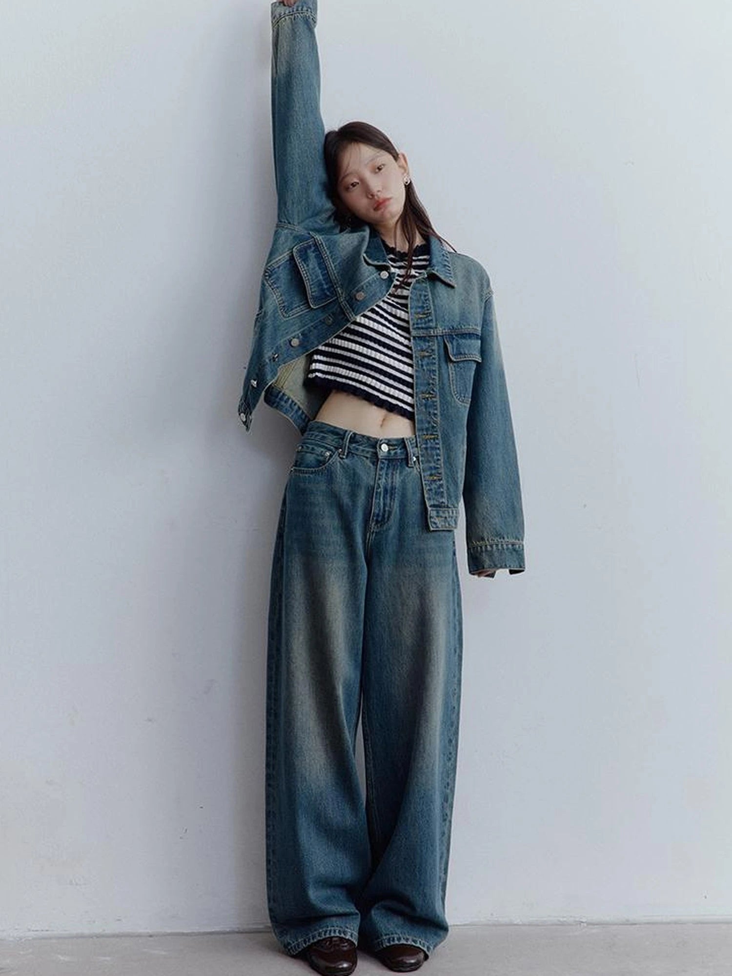 Oversized Vintage Wash Denim Jacket In Retro Blue
