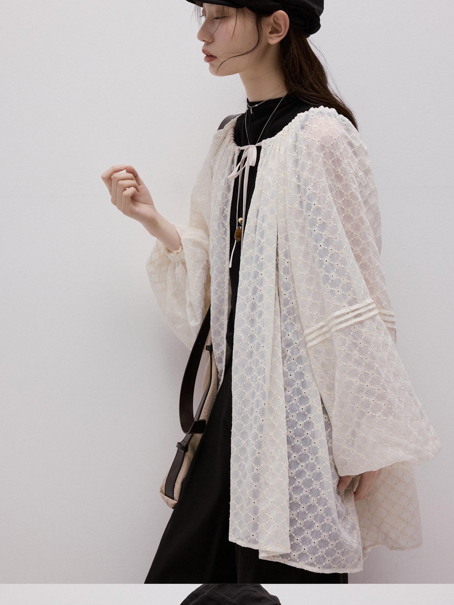 FUSSED Pearl White Embossed Daisy Embroidery Raglan Women&