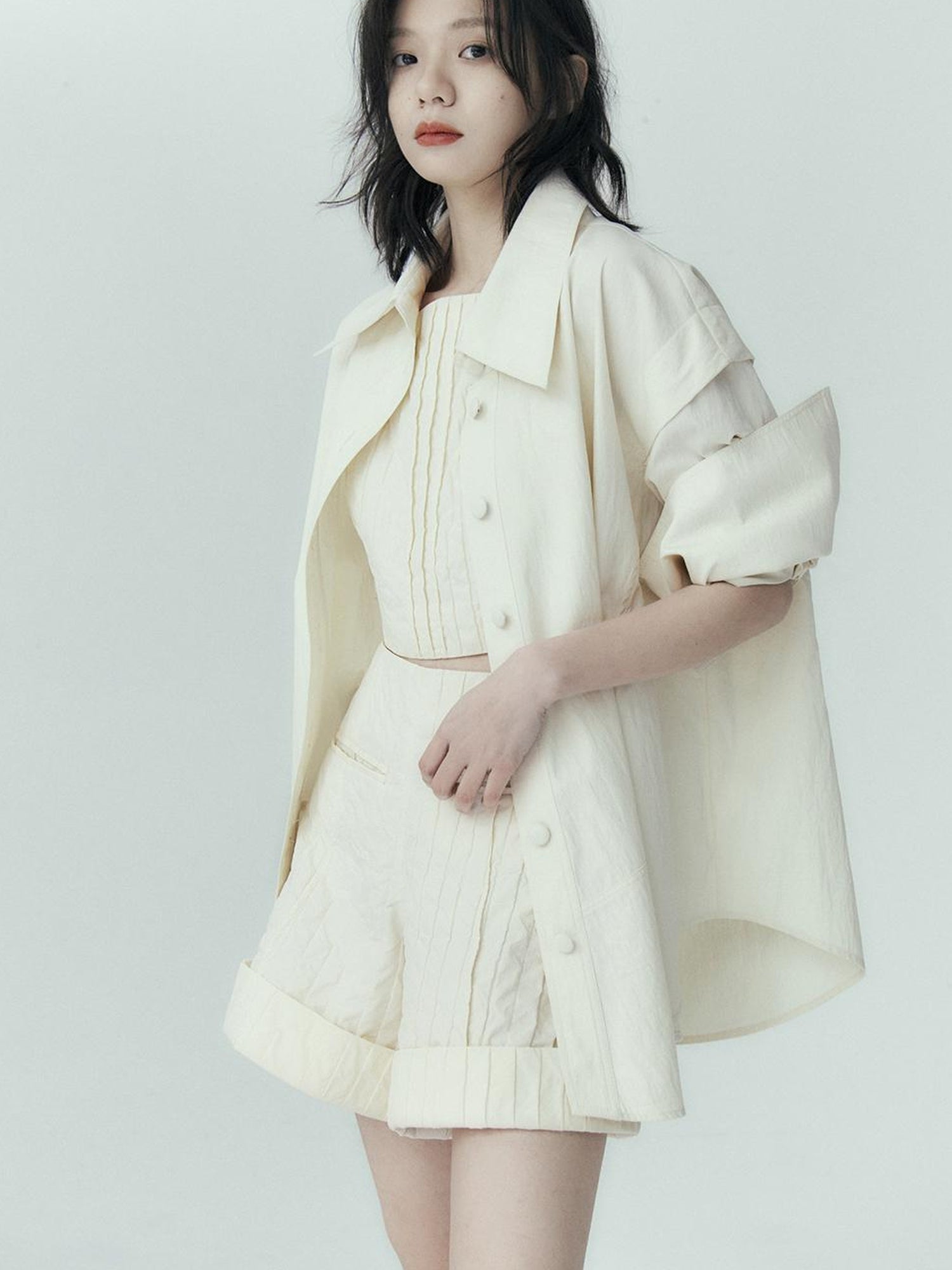 FUSSED Pleated Cotton Texture Strapless Top