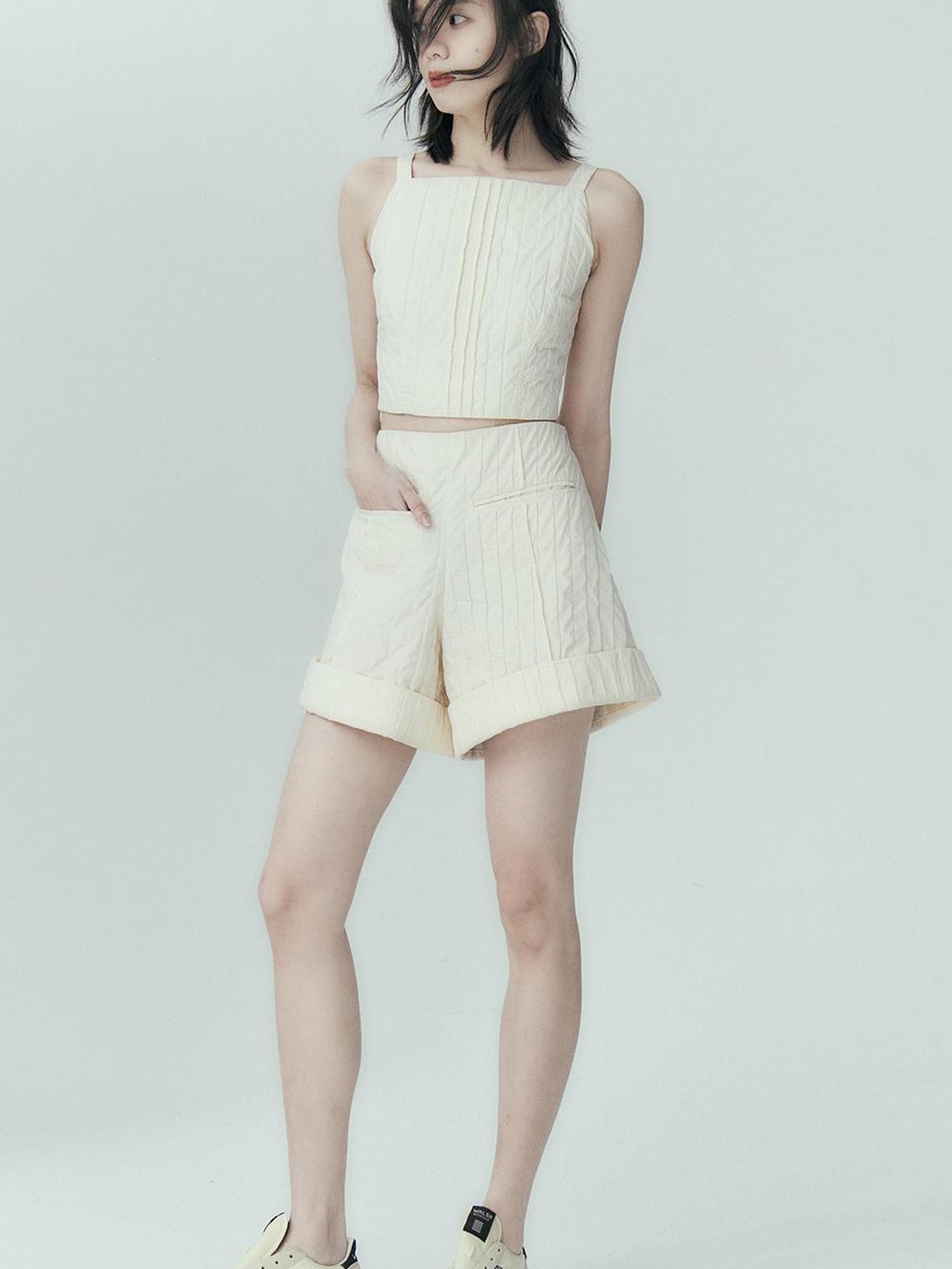 FUSSED Pleated Cotton Texture Strapless Top