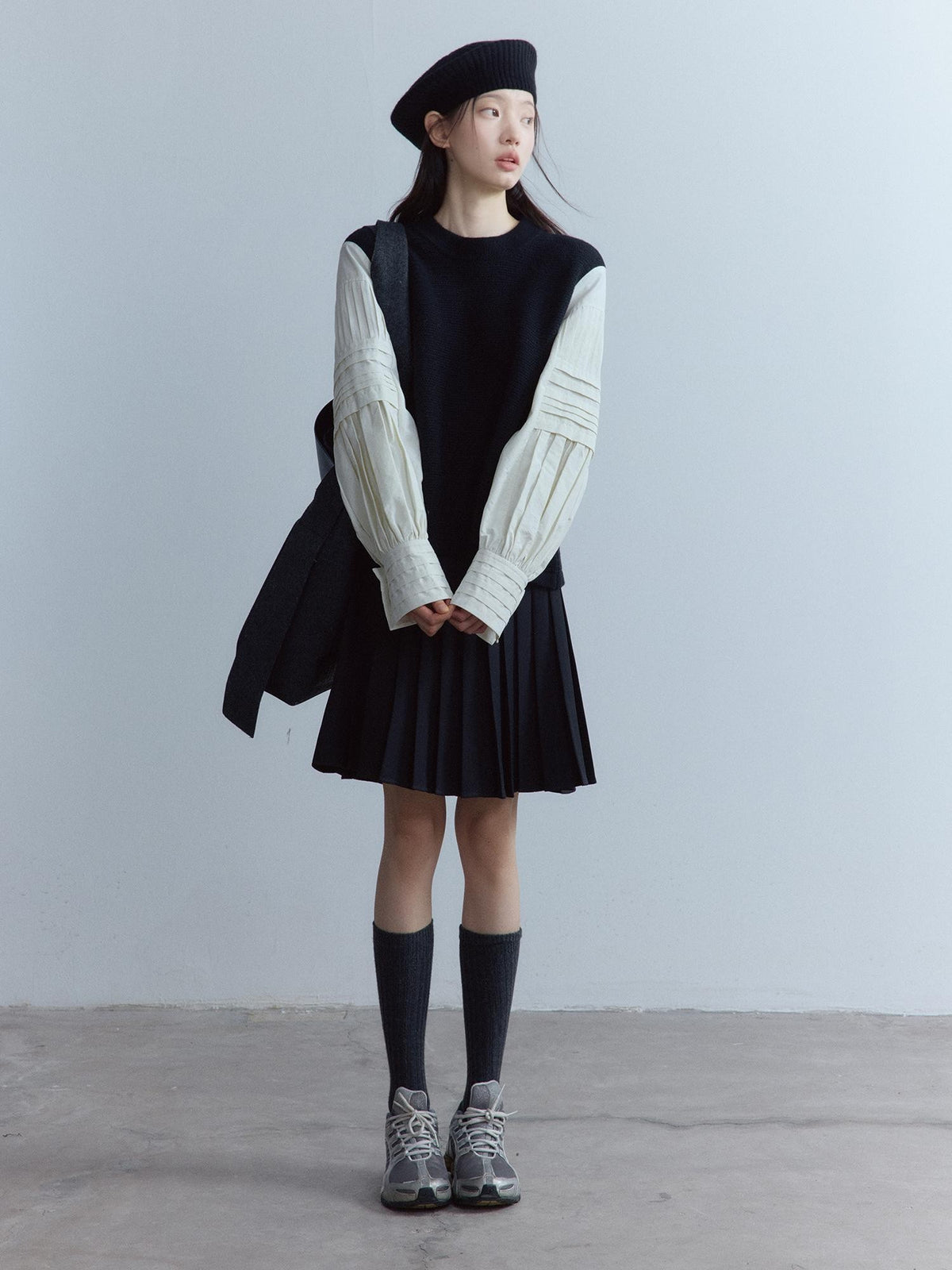 FUSSED Pleated Layered Shirt Paneled Black And White Women&