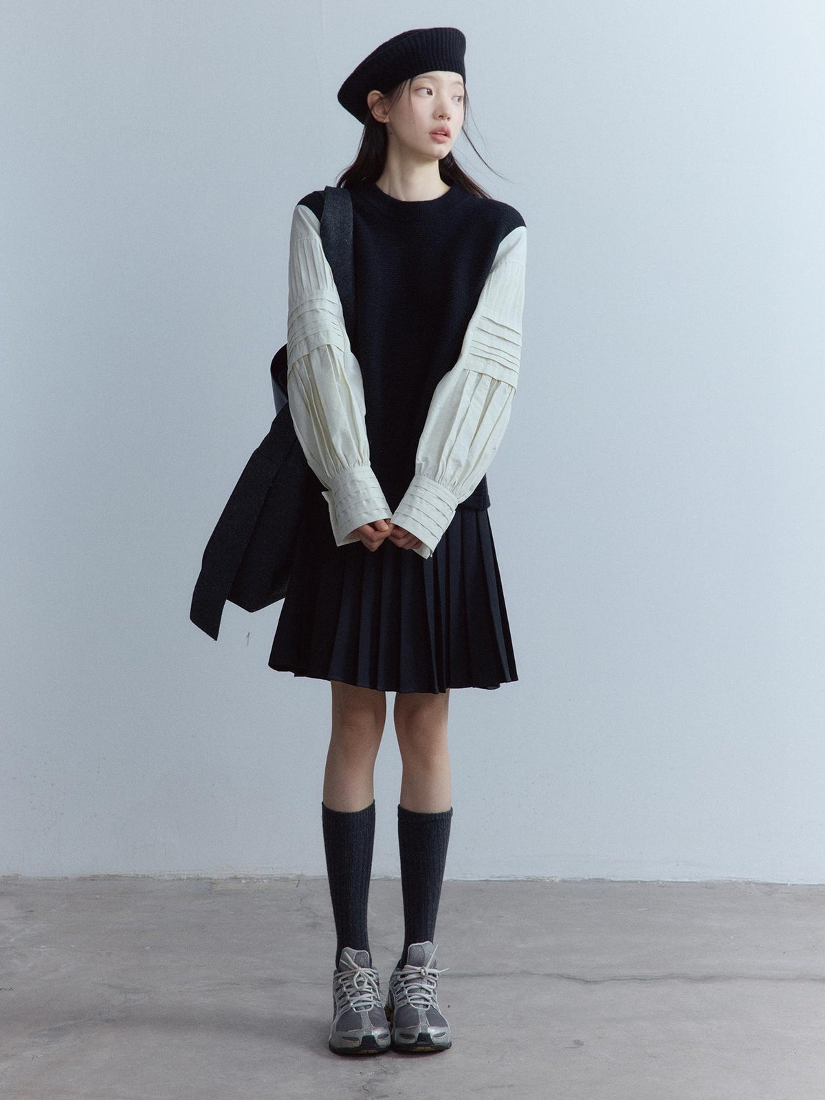 FUSSED Pleated Layered Shirt Paneled Black And White Women&