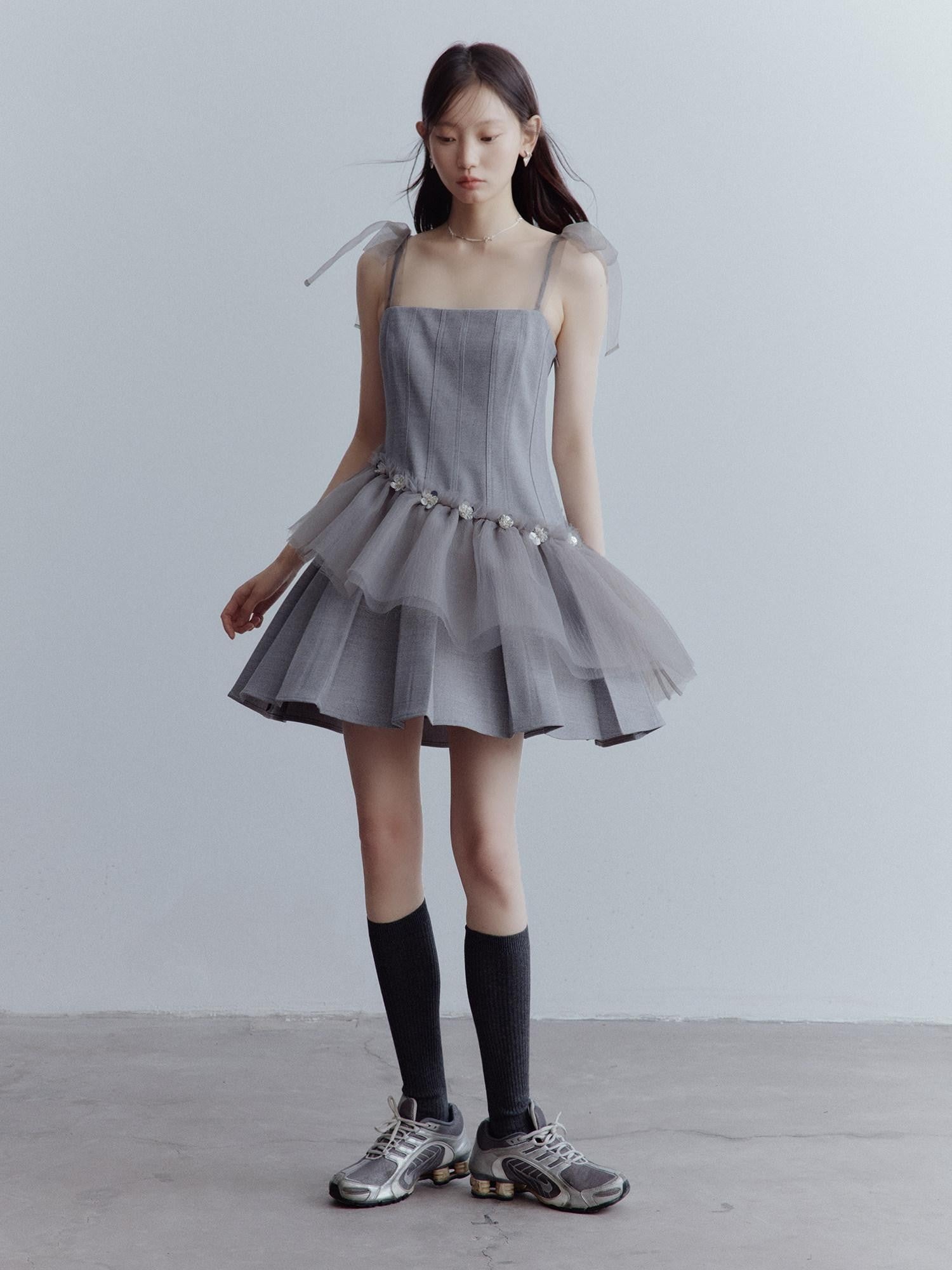 FUSSED Pleated Tulle Hand Beaded Floral Women&