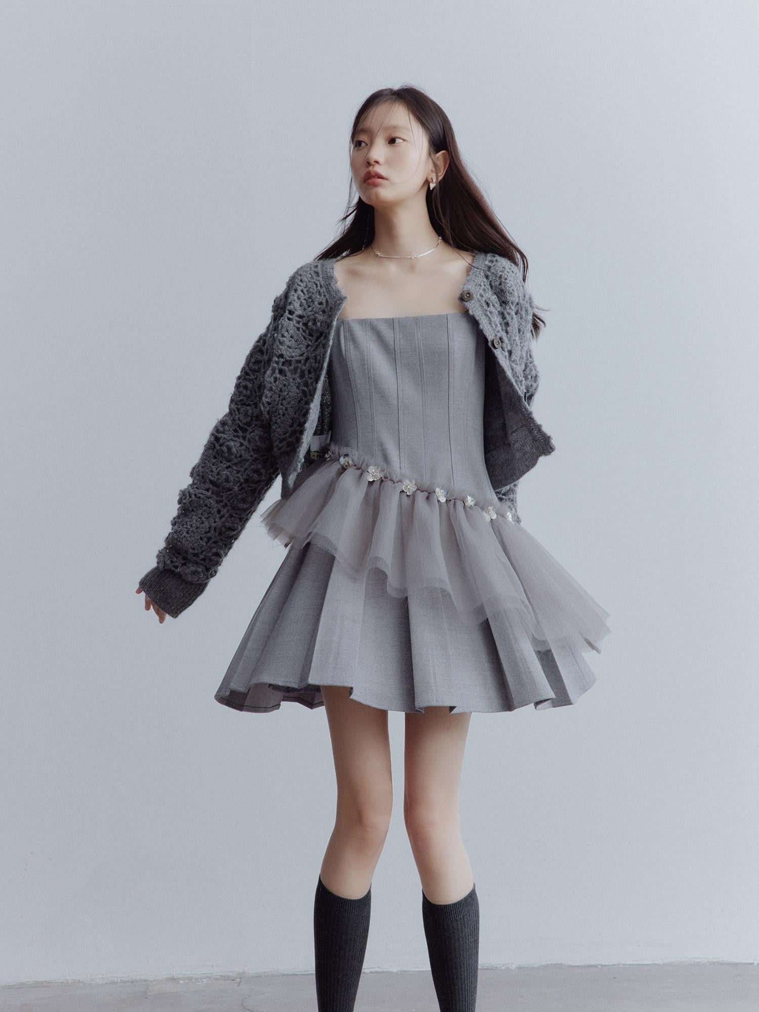 FUSSED Pleated Tulle Hand Beaded Floral Women&