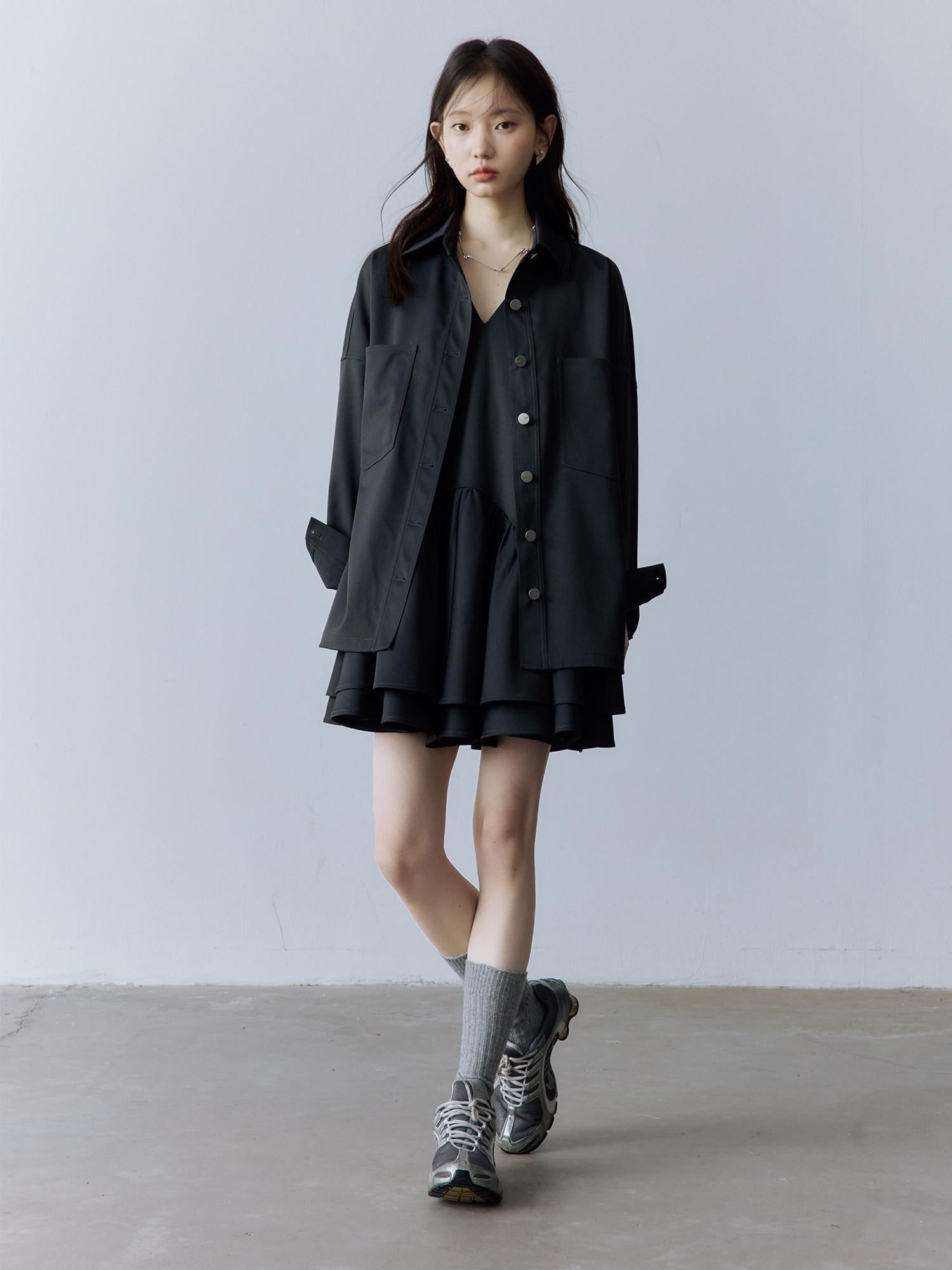 FUSSED Pocketed Utility Oversized Collared Long Sleeve Casual Young Women Button Blouse