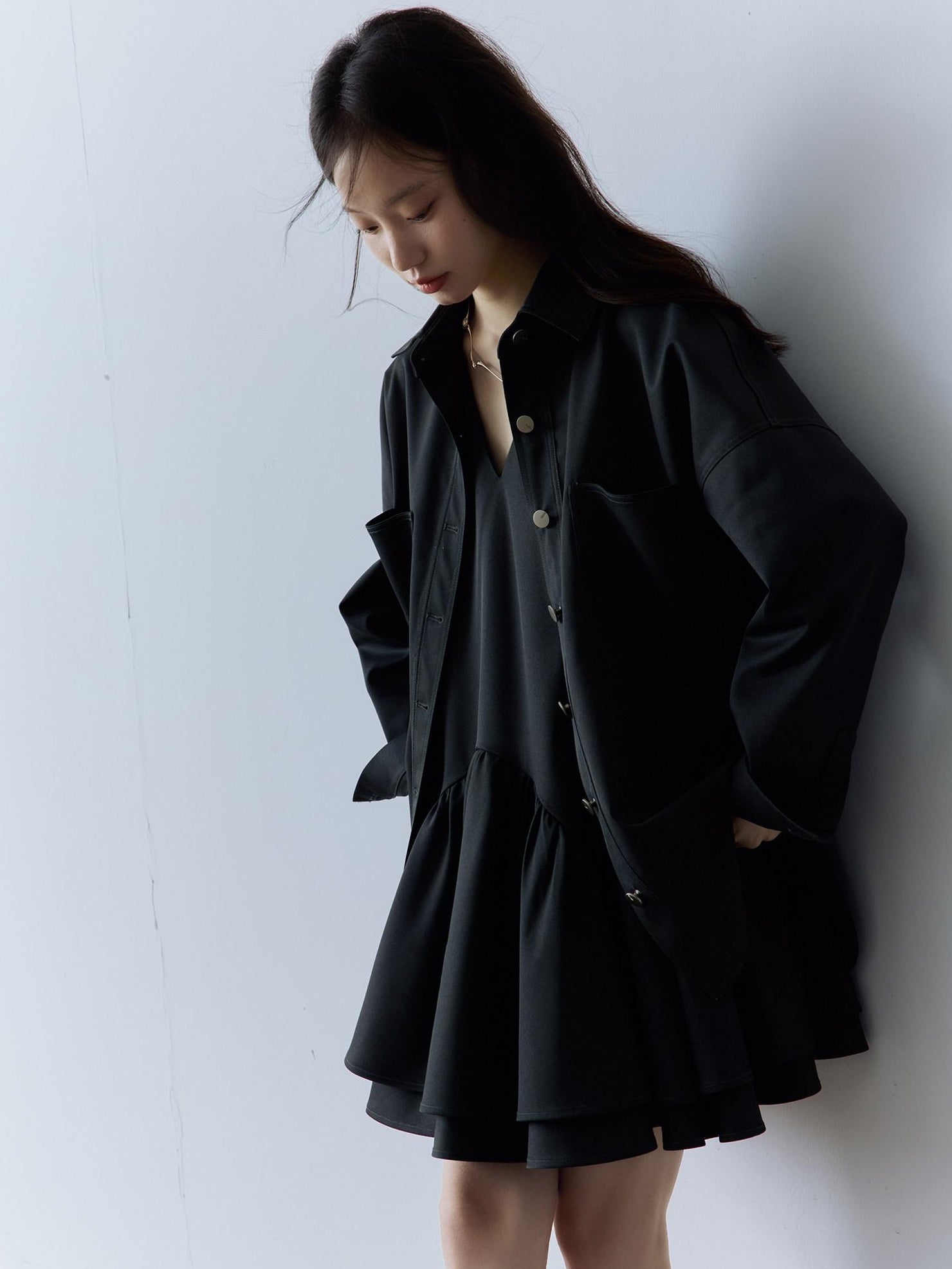 FUSSED Pocketed Utility Oversized Collared Long Sleeve Casual Young Women Button Blouse