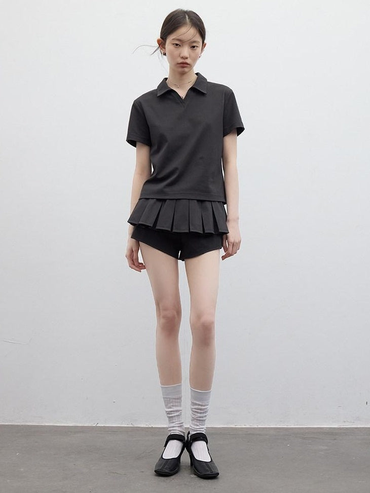 FUSSED Polo Collar Two Piece Set Girlish Short Sleeve Pullover Young Women T-Shirt