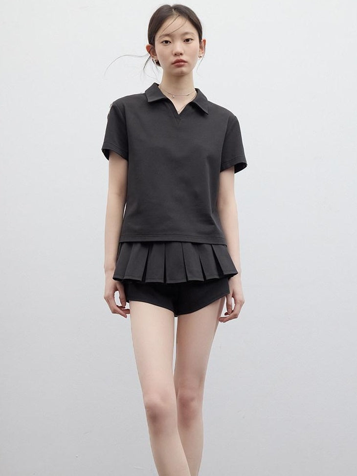 FUSSED Polo Collar Two Piece Set Girlish Short Sleeve Pullover Young Women T-Shirt
