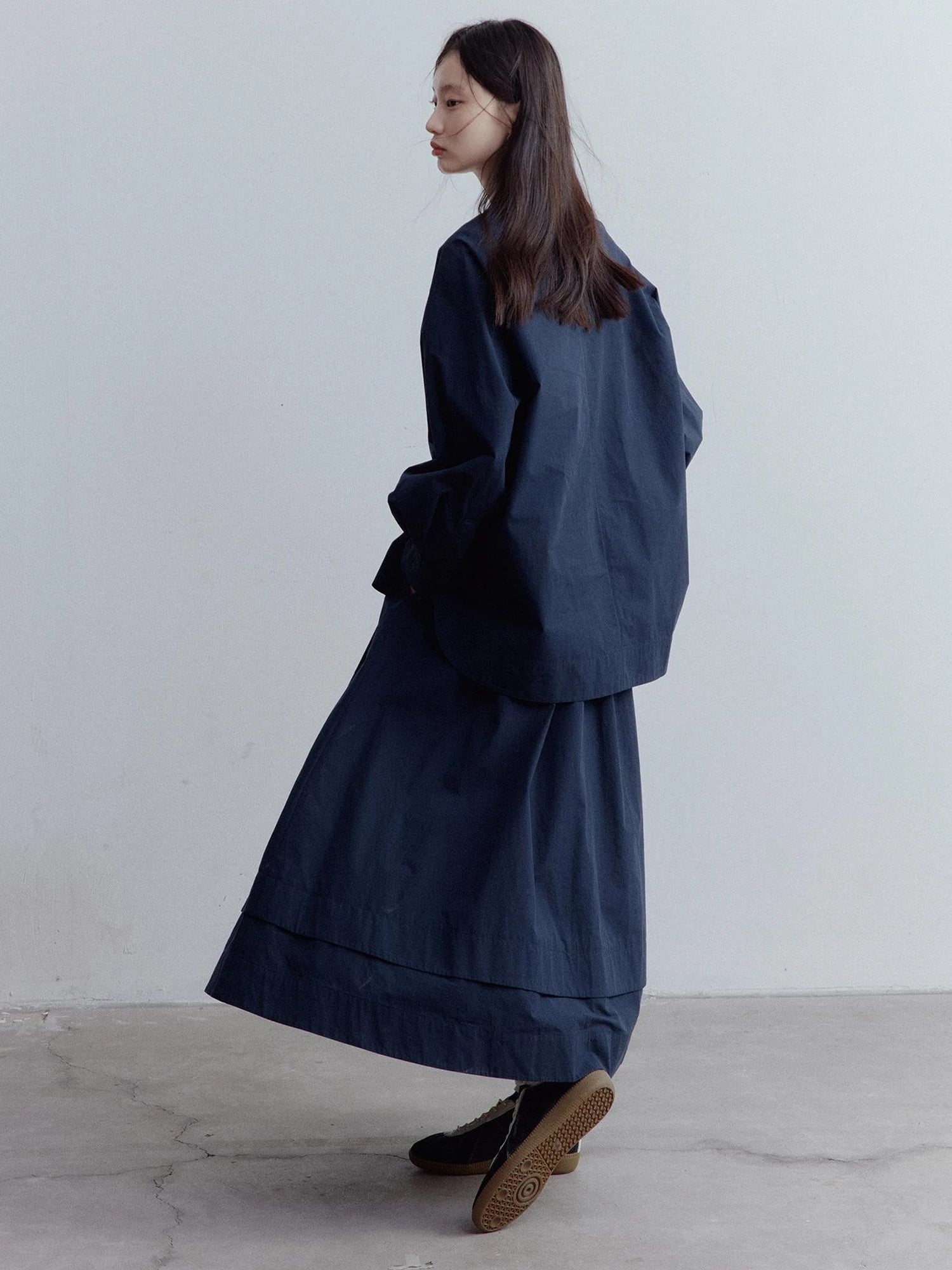 Prussian Blue A Line Tiered Cotton Midi Skirt With Pockets