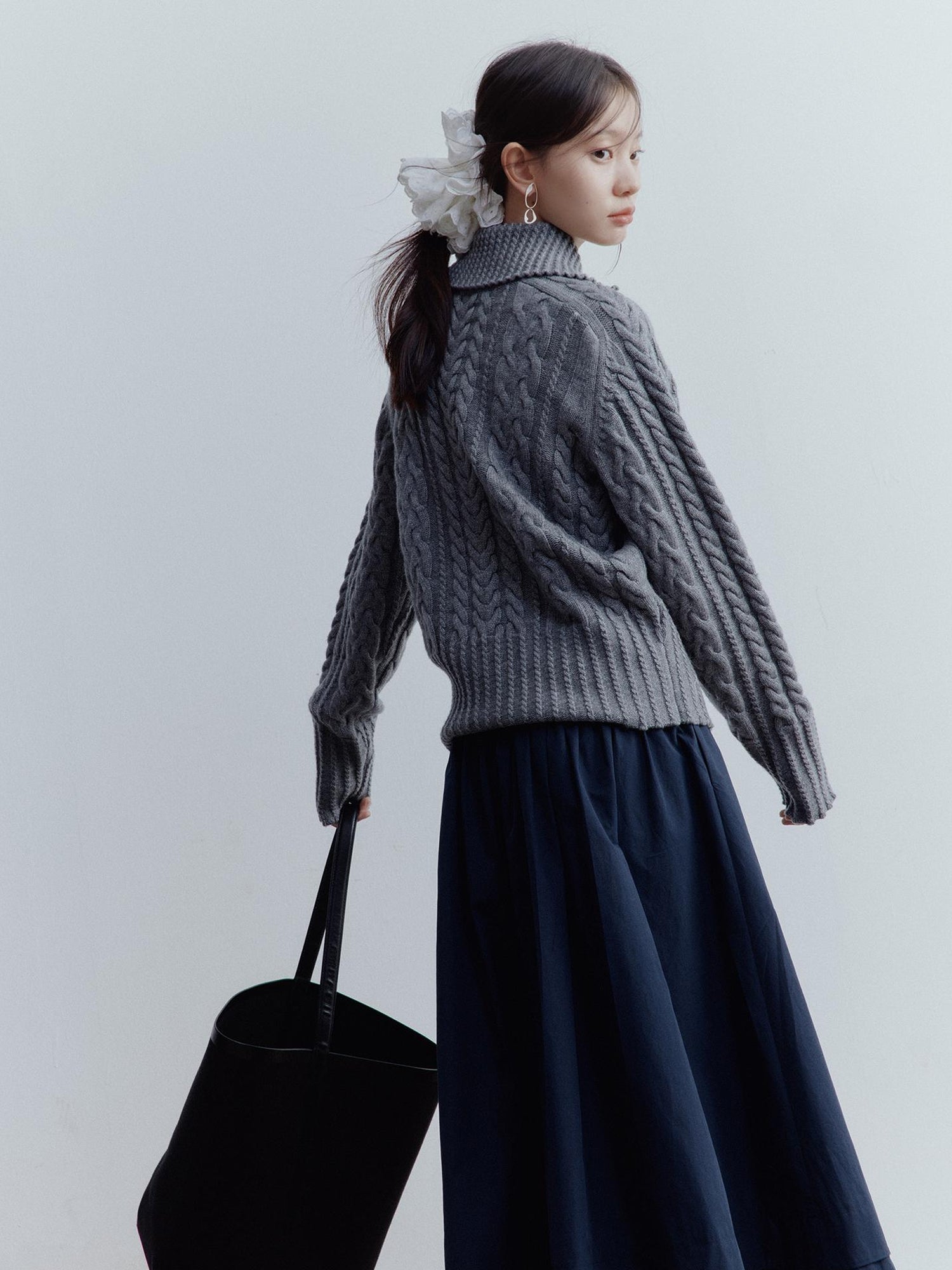 FUSSED Prussian Blue A Line Tiered Cotton Midi Skirt With Pockets