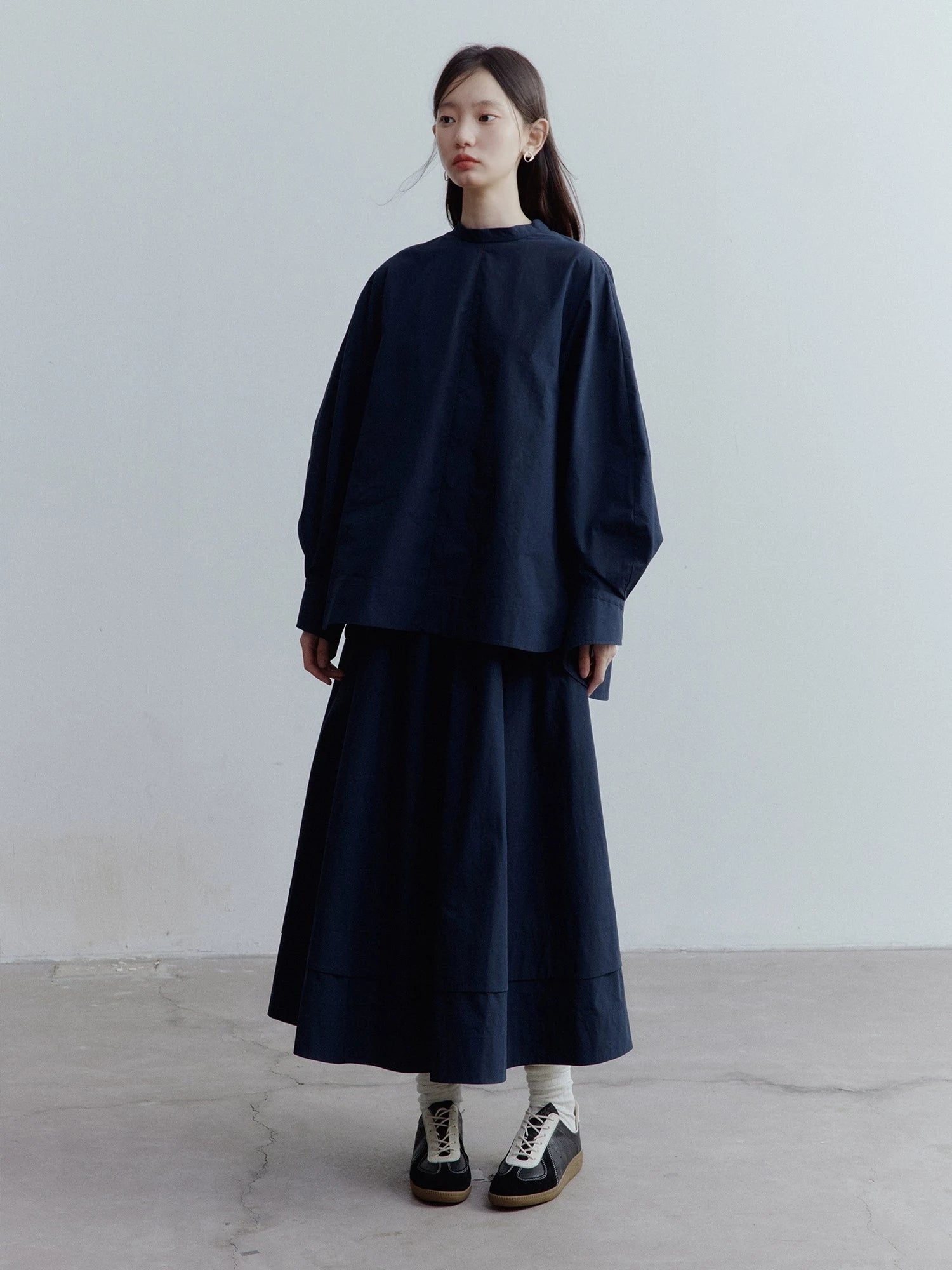 Prussian Blue A Line Tiered Cotton Midi Skirt With Pockets