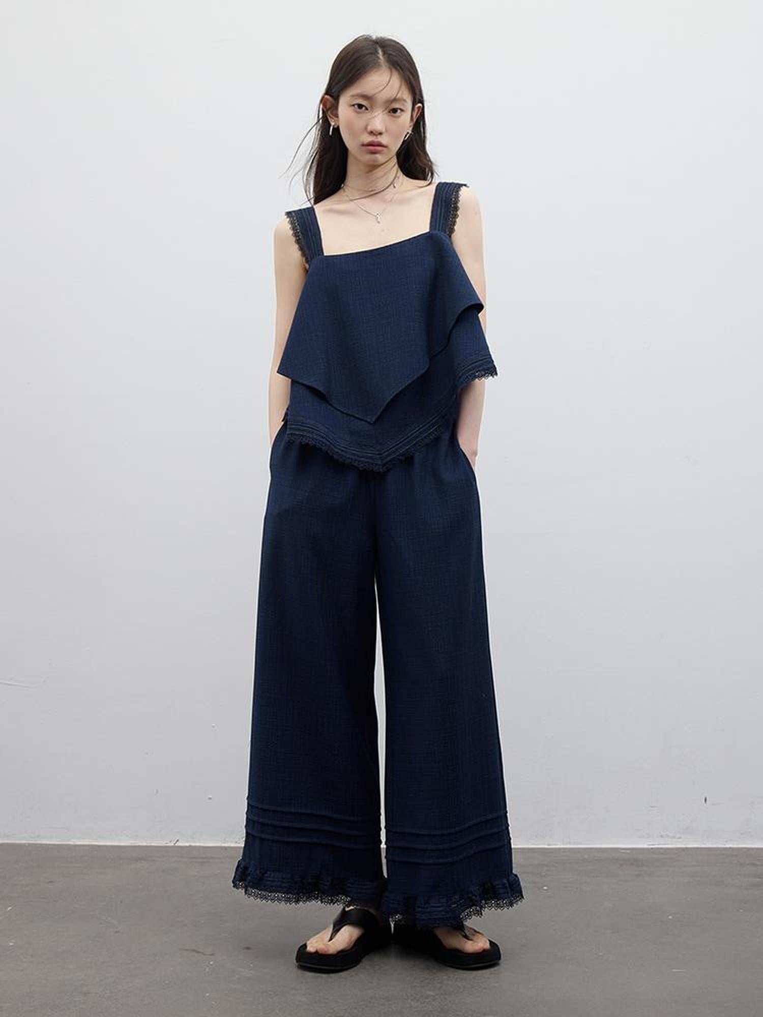 FUSSED Prussian Blue Lace Trimmed Resort Set With Asymmetric Layering