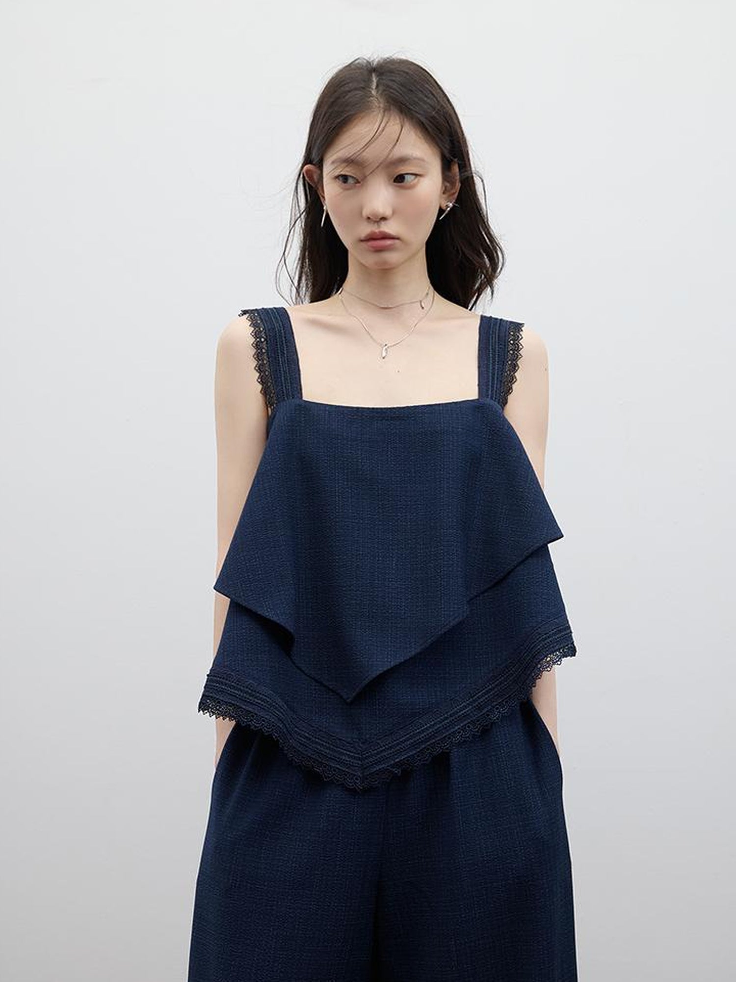 FUSSED Prussian Blue Lace Trimmed Resort Set With Asymmetric Layering