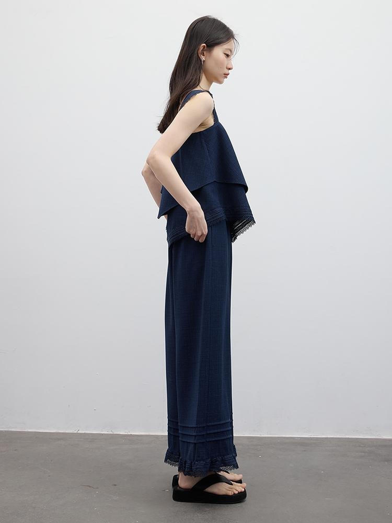 FUSSED Prussian Blue Lace Trimmed Resort Set With Asymmetric Layering