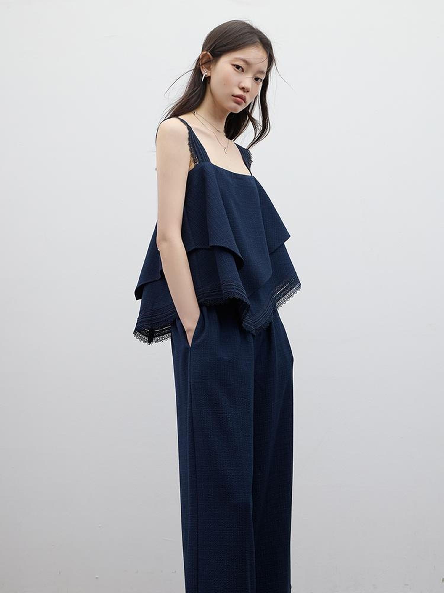 FUSSED Prussian Blue Lace Trimmed Resort Set With Asymmetric Layering