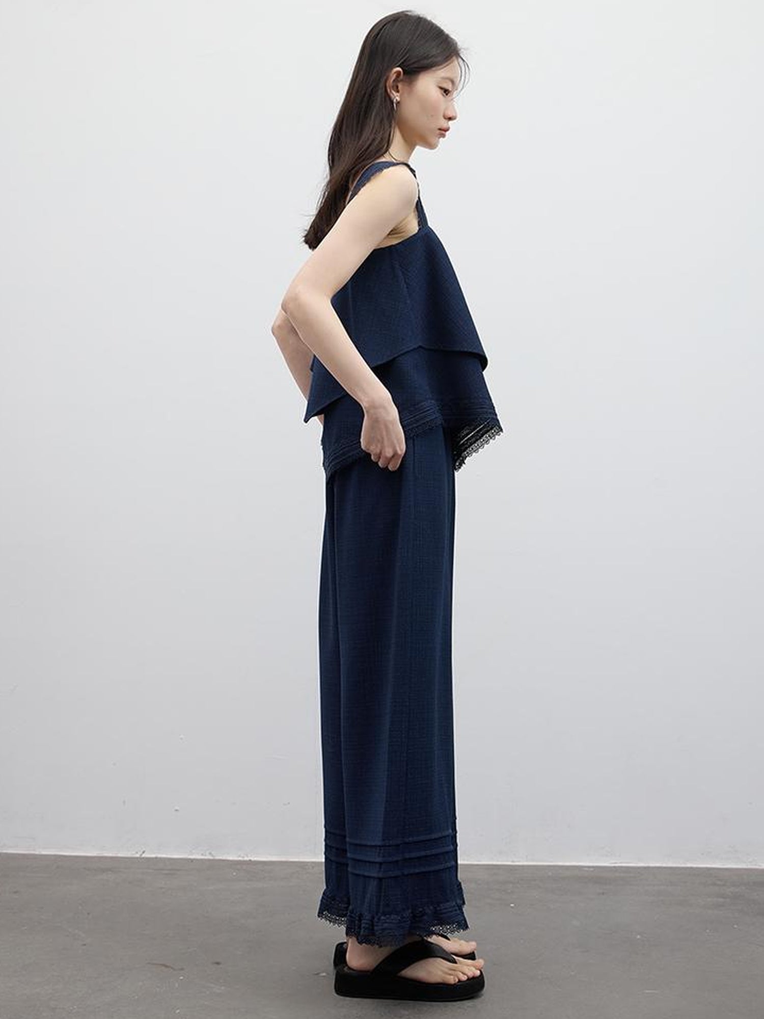 FUSSED Prussian Blue Lace Trimmed Resort Set With Asymmetric Layering