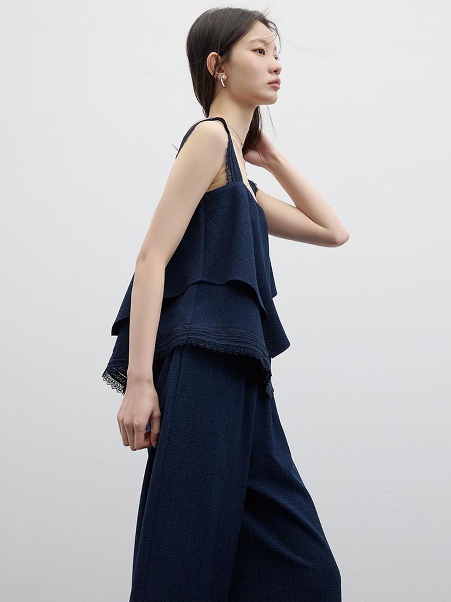 FUSSED Prussian Blue Lace Trimmed Resort Set With Asymmetric Layering