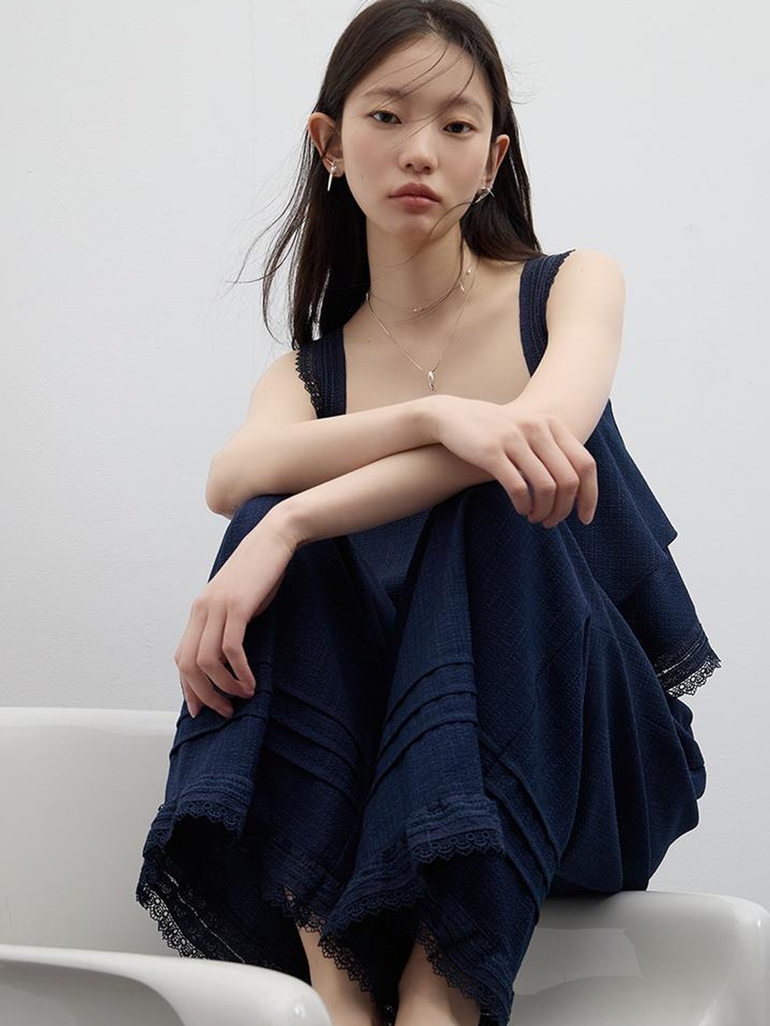 FUSSED Prussian Blue Lace Trimmed Resort Set With Asymmetric Layering