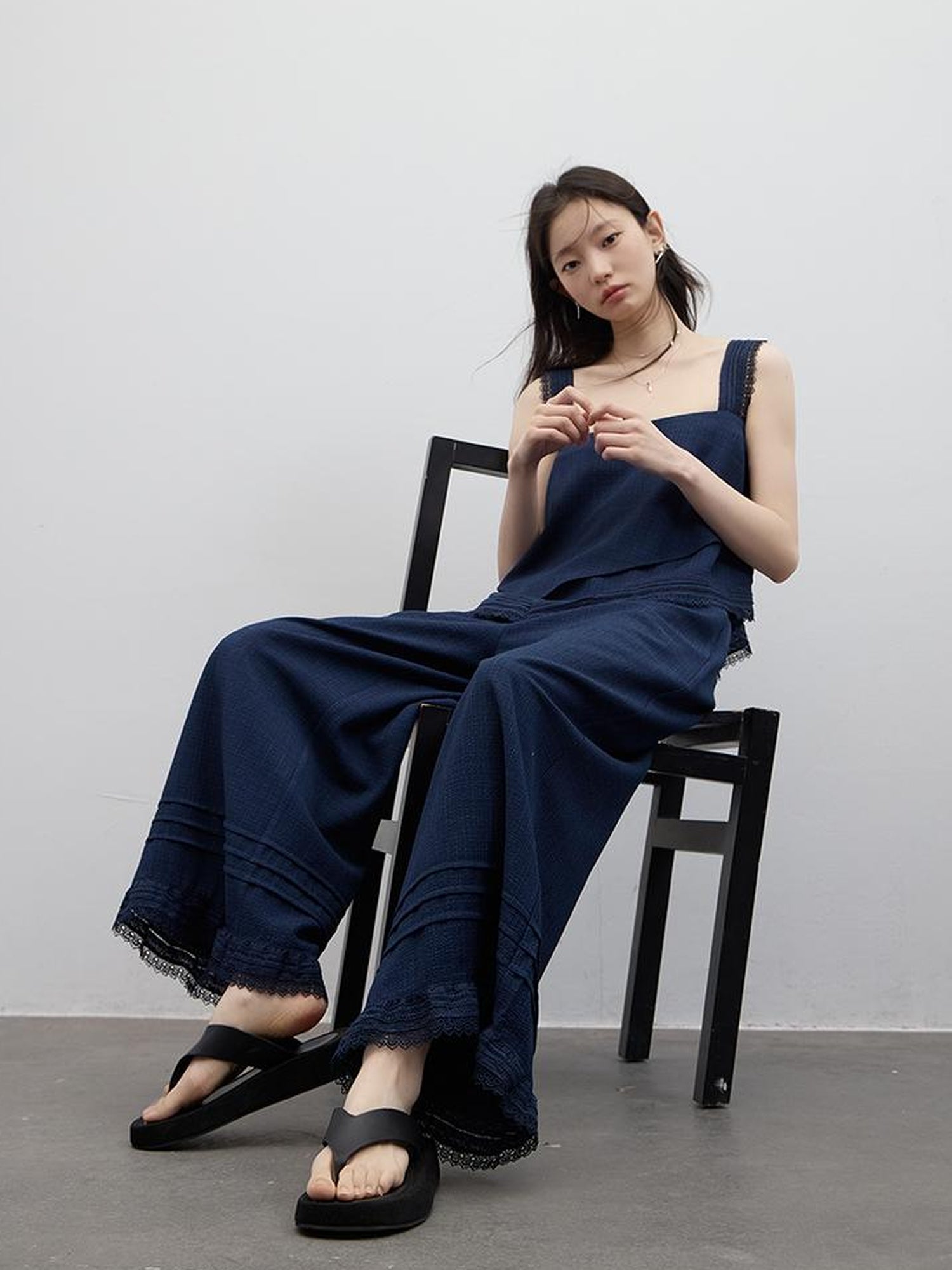 FUSSED Prussian Blue Lace Trimmed Resort Set With Asymmetric Layering