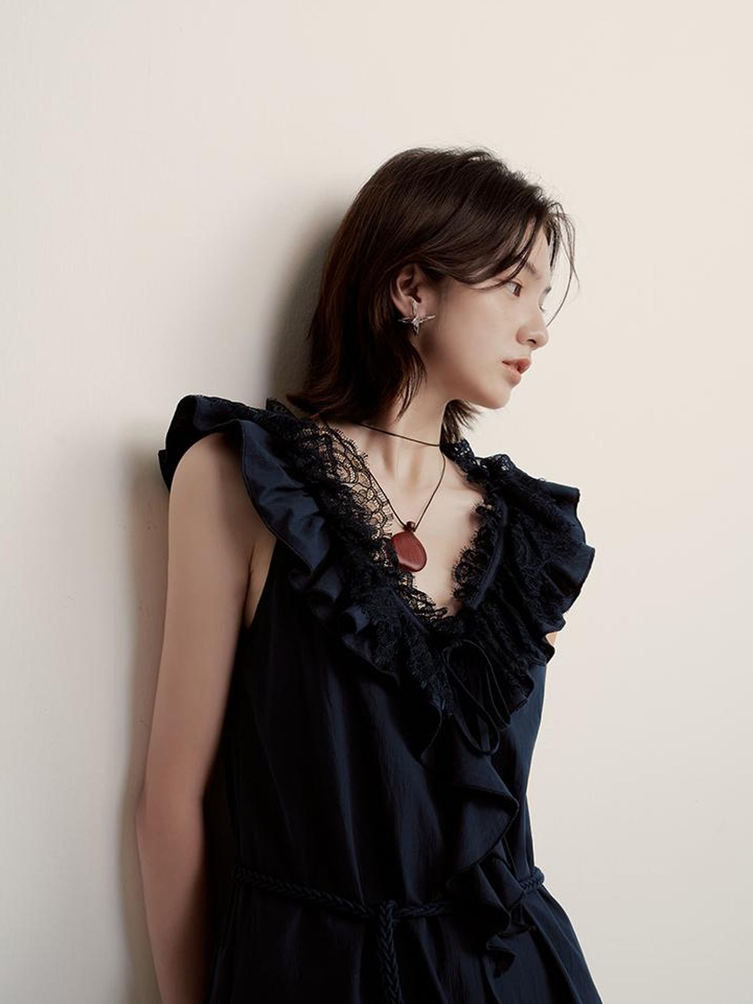 FUSSED Prussian Blue Reversible V Neck Dress With Paper Texture Antibacterial Linen