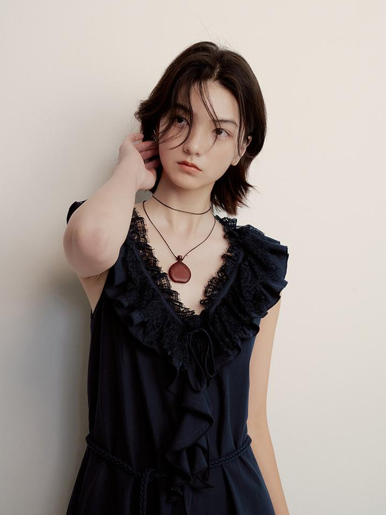 FUSSED Prussian Blue Reversible V Neck Dress With Paper Texture Antibacterial Linen