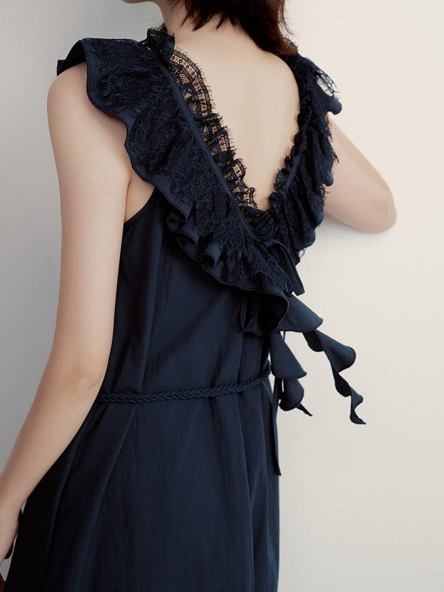 FUSSED Prussian Blue Reversible V Neck Dress With Paper Texture Antibacterial Linen