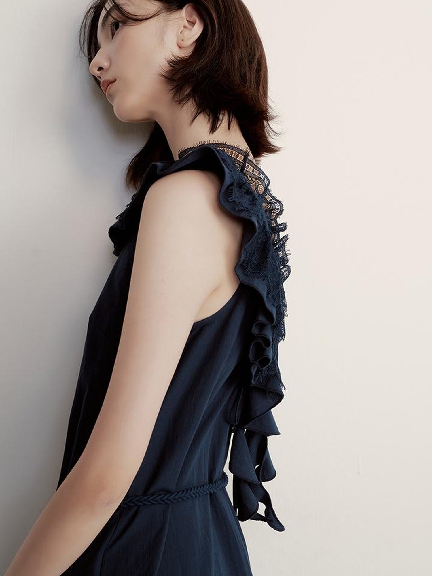 FUSSED Prussian Blue Reversible V Neck Dress With Paper Texture Antibacterial Linen