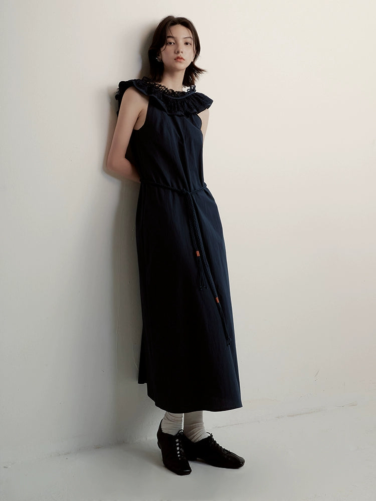 FUSSED_Prussian_Blue_Reversible_V_Neck_Dress_With_Paper_Texture_Antibacterial_Linen_MISSTT