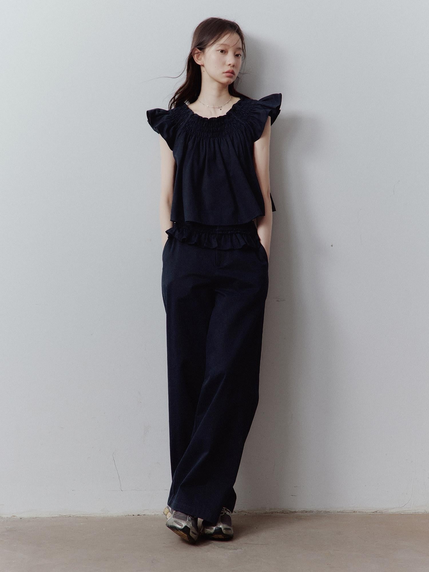FUSSED Prussian Blue Ruched Flutter Sleeve Women&