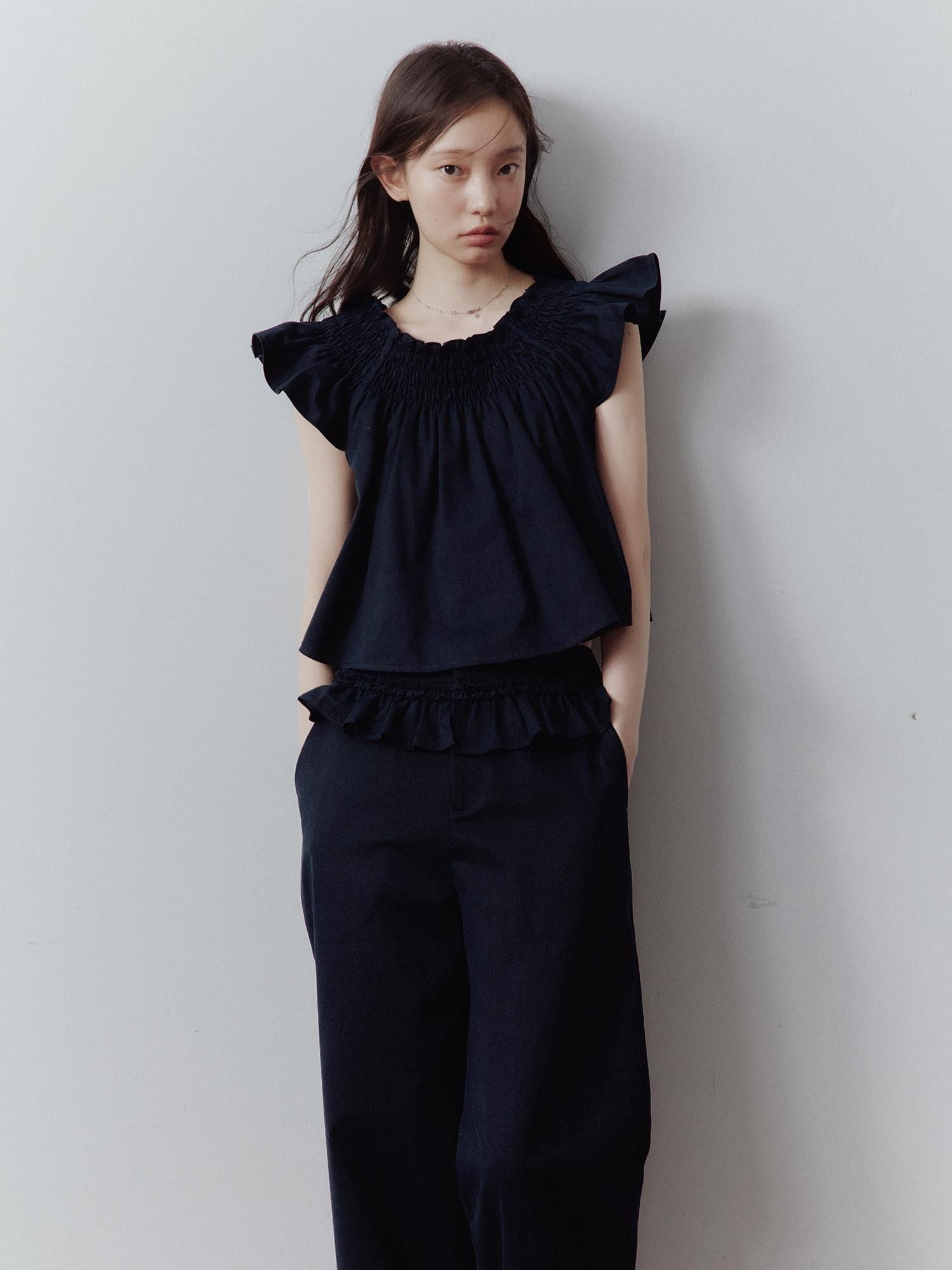 FUSSED Prussian Blue Ruched Flutter Sleeve Women&