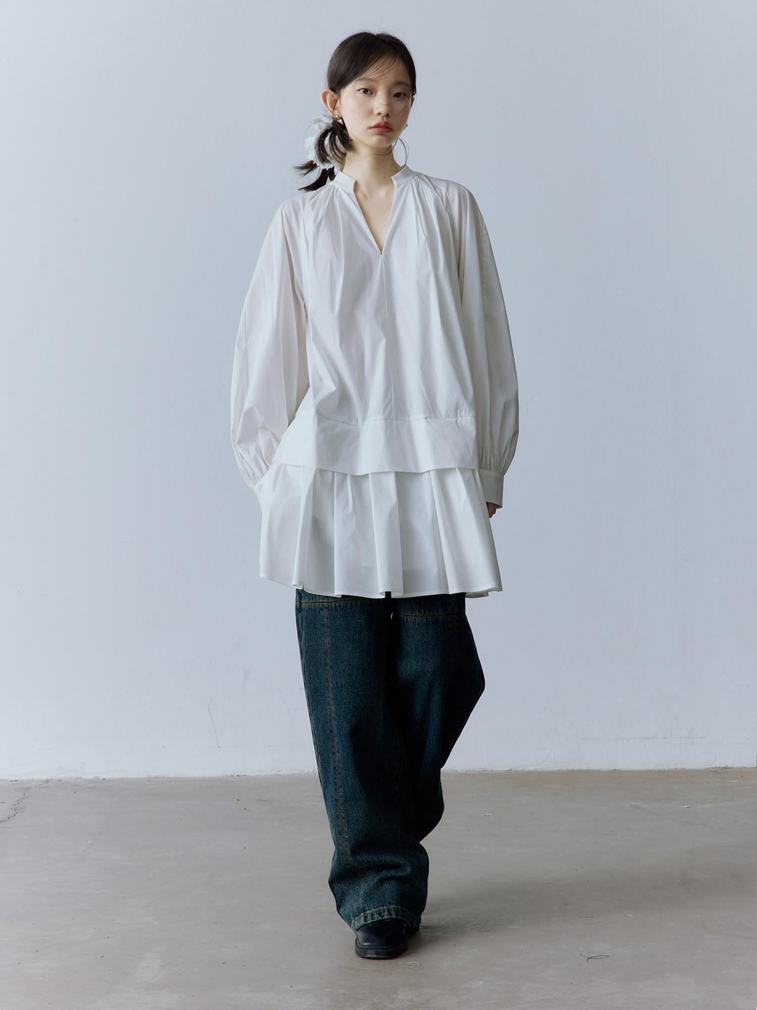 FUSSED Pure Cotton V-ceck Long Sleeve Girly Women Mist White Midi Dresses