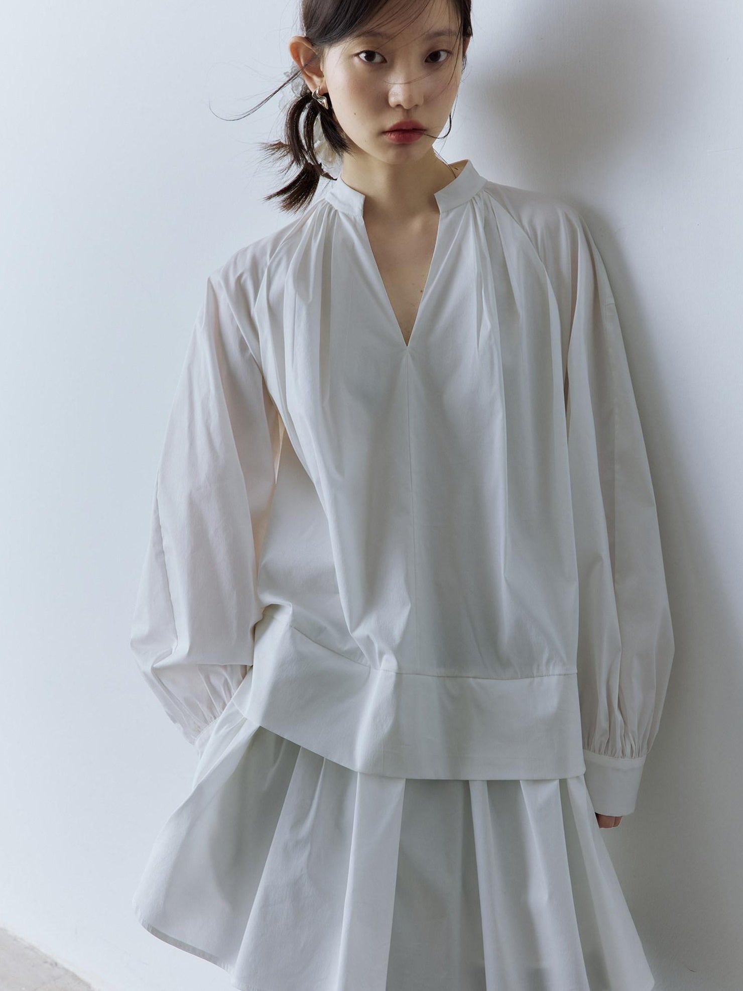 FUSSED Pure Cotton V-ceck Long Sleeve Girly Women Mist White Midi Dresses