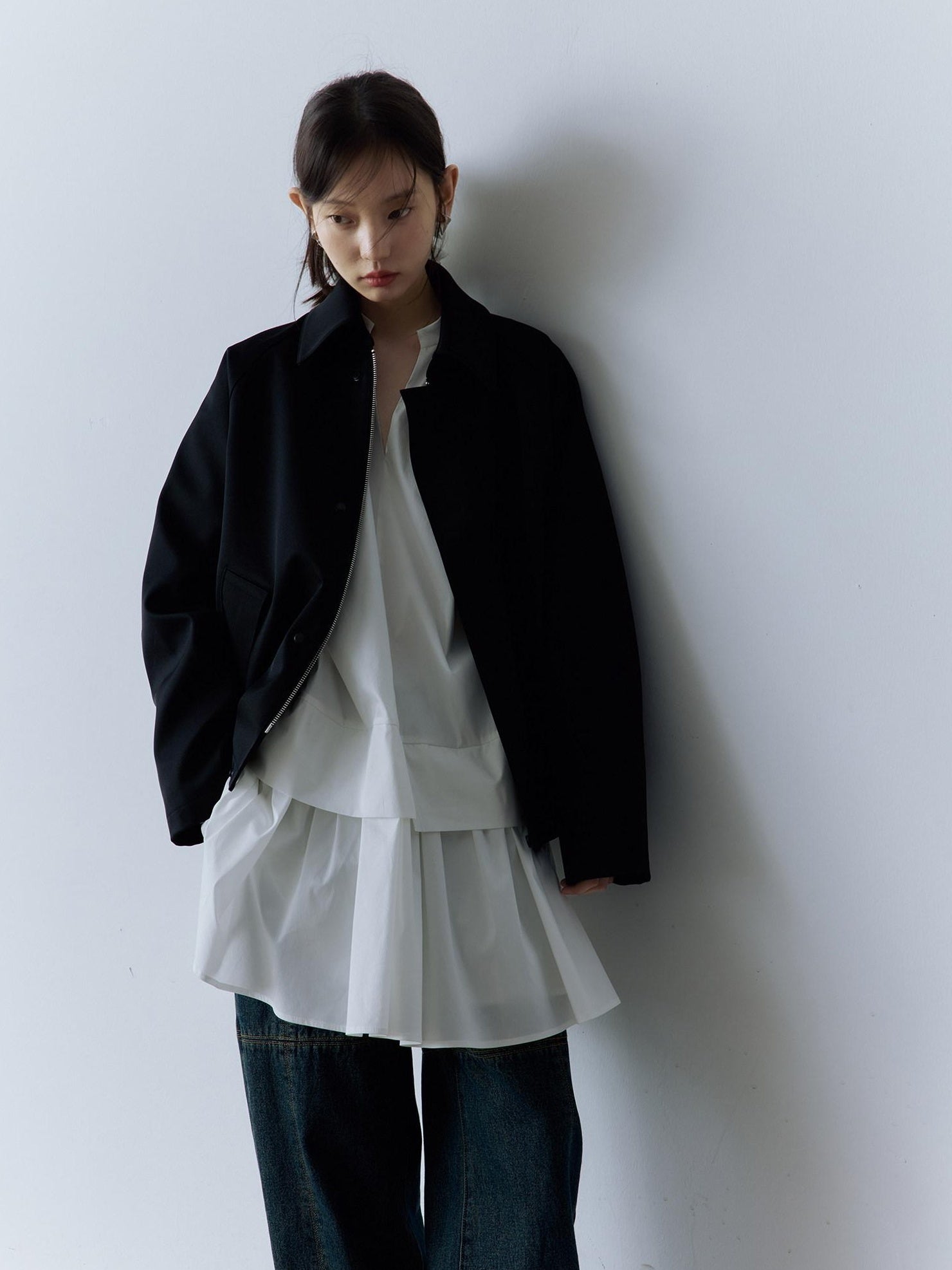 FUSSED Pure Cotton V-ceck Long Sleeve Girly Women Mist White Midi Dresses