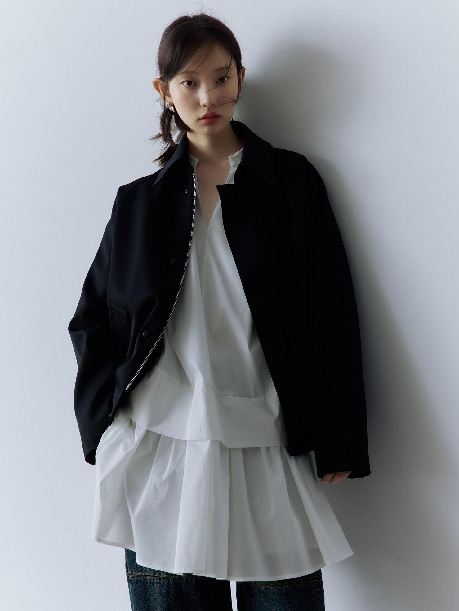 FUSSED Pure Cotton V-ceck Long Sleeve Girly Women Mist White Midi Dresses