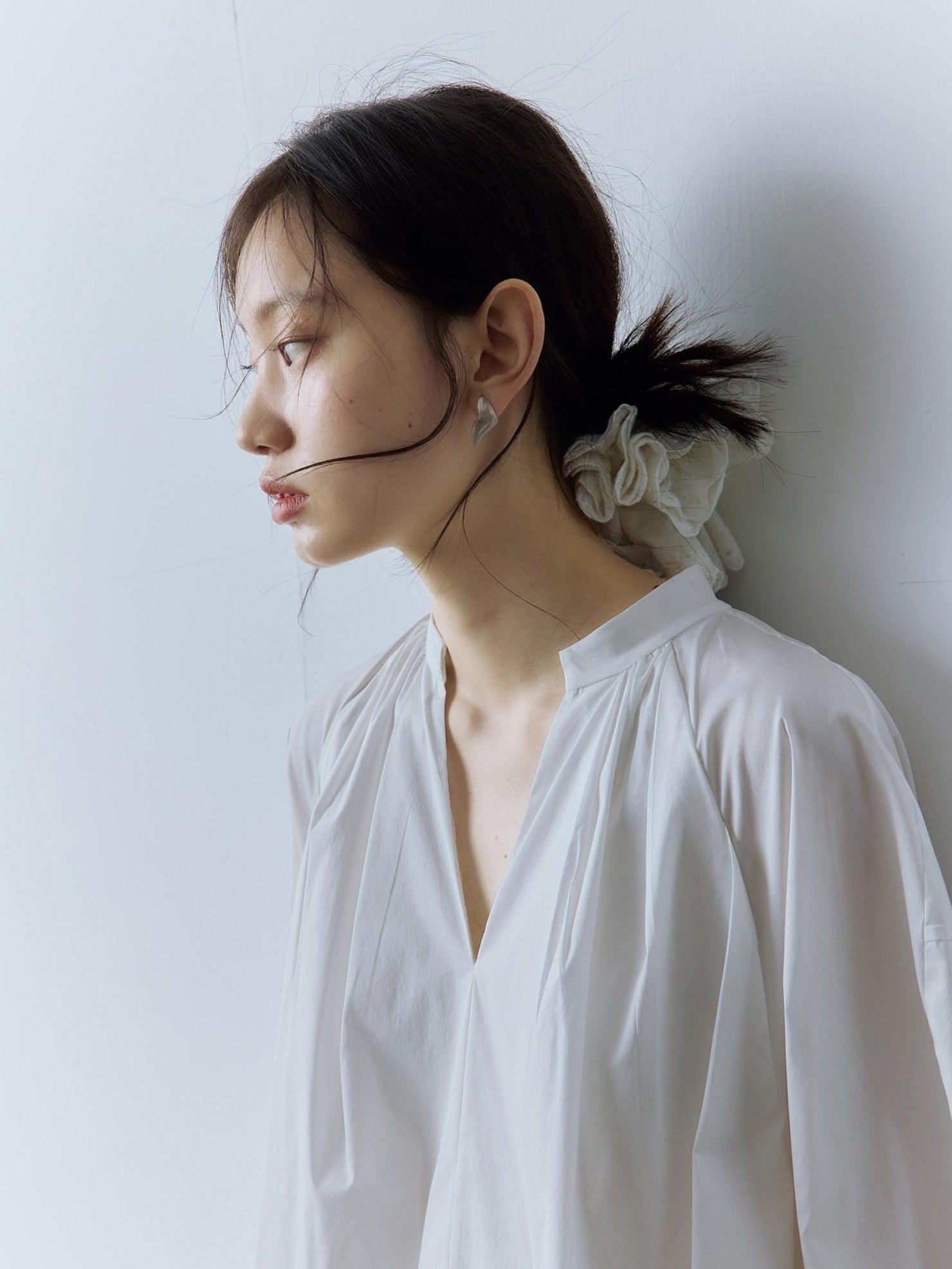 FUSSED Pure Cotton V-ceck Long Sleeve Girly Women Mist White Midi Dresses