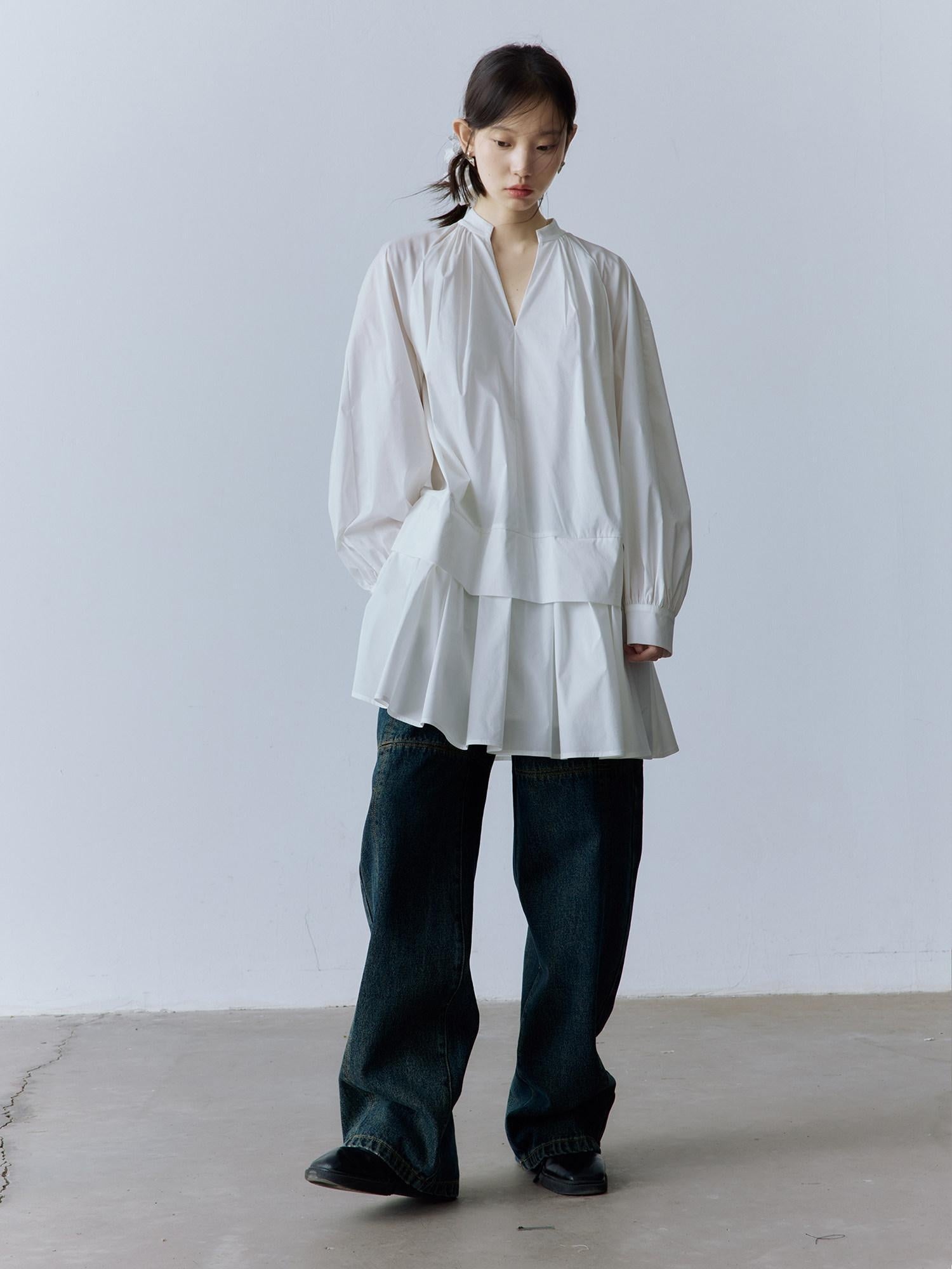 FUSSED Pure Cotton V-ceck Long Sleeve Girly Women Mist White Midi Dresses