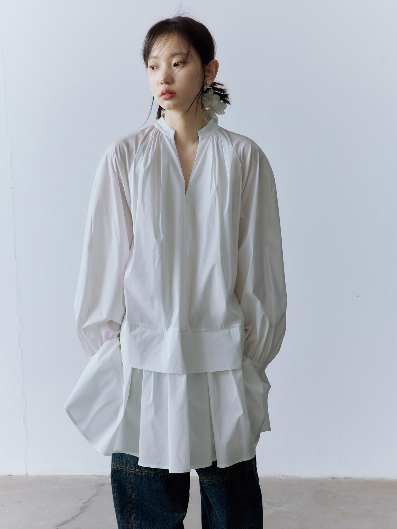 FUSSED Pure Cotton V-ceck Long Sleeve Girly Women Mist White Midi Dresses