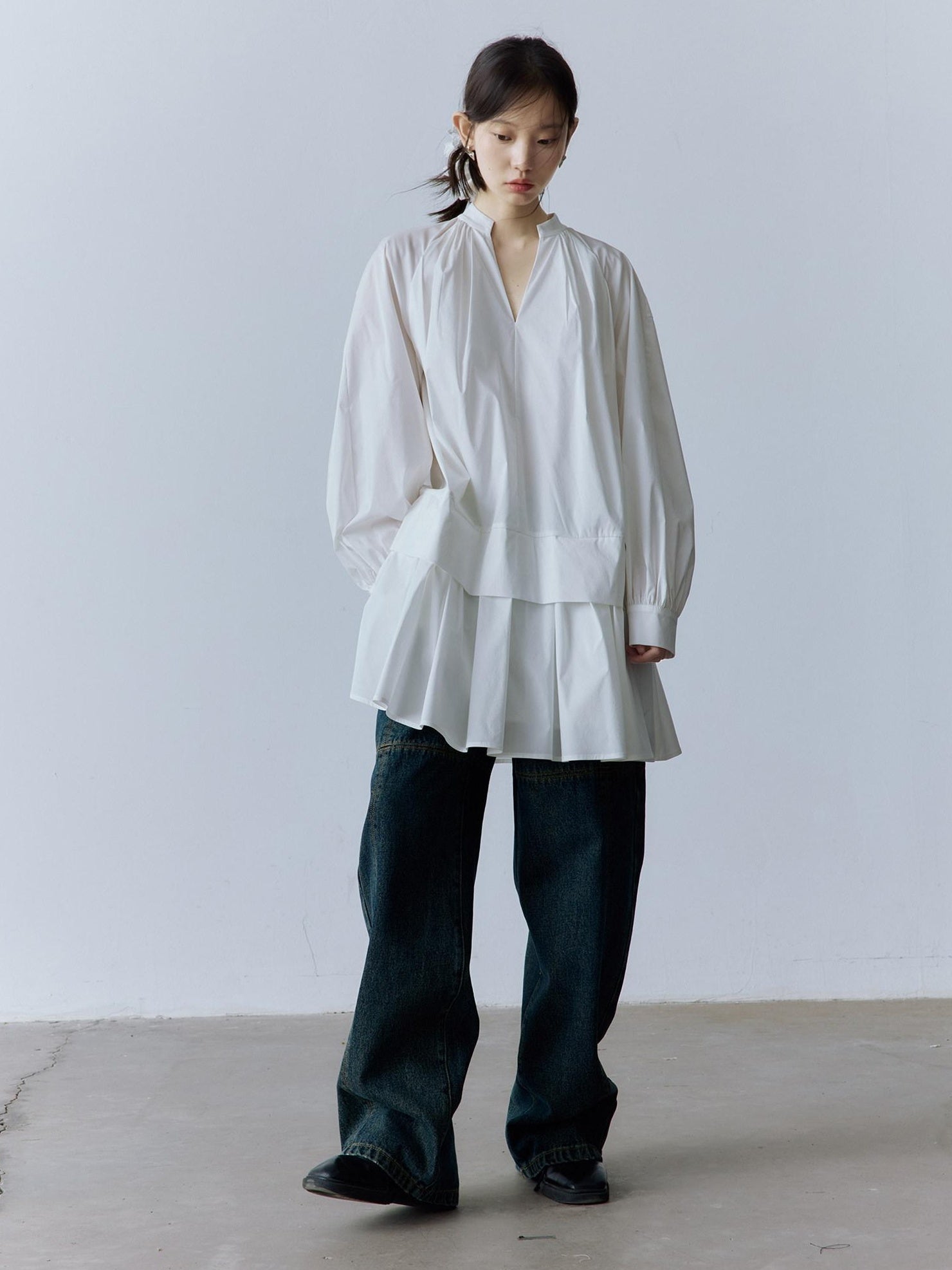 FUSSED Pure Cotton V-ceck Long Sleeve Girly Women Mist White Midi Dresses