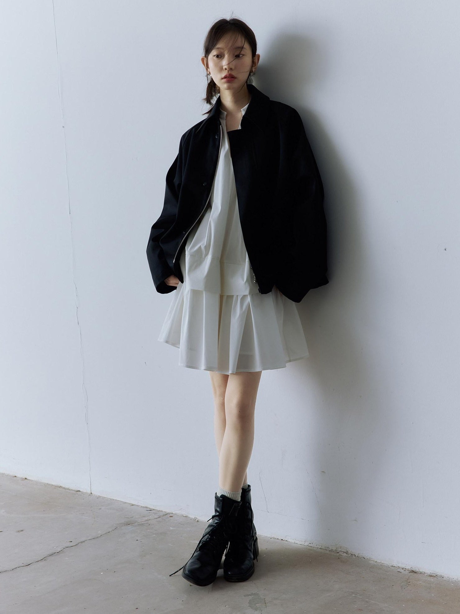 FUSSED Pure Cotton V-ceck Long Sleeve Girly Women Mist White Midi Dresses