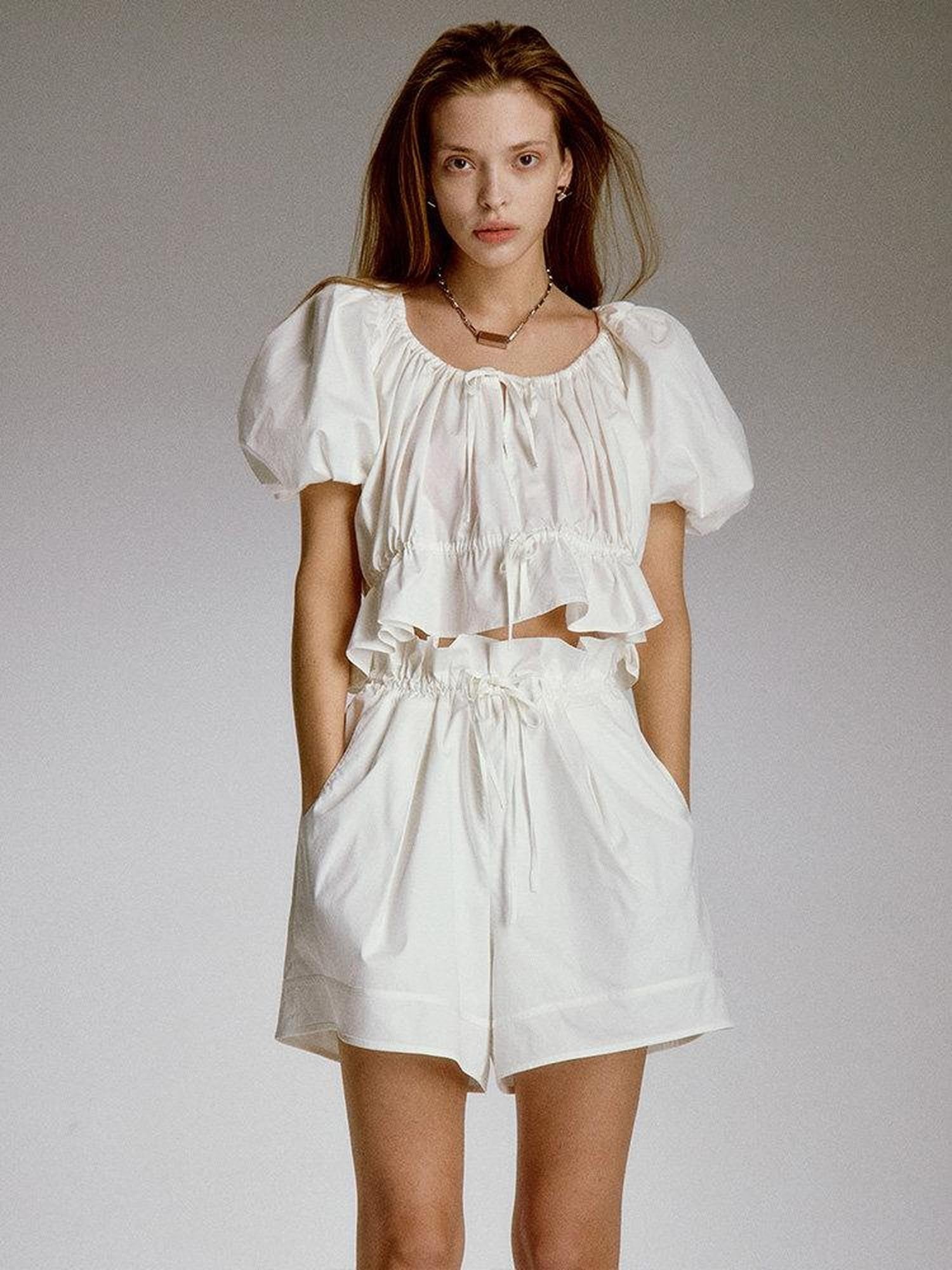 FUSSED Pure White Elastic Ruched Splice Wide Leg Women&