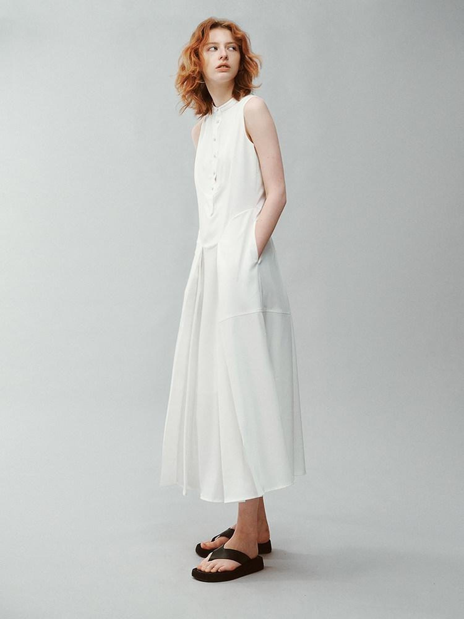 FUSSED Pure White Silk Splice Pleat Stand Collar Women&