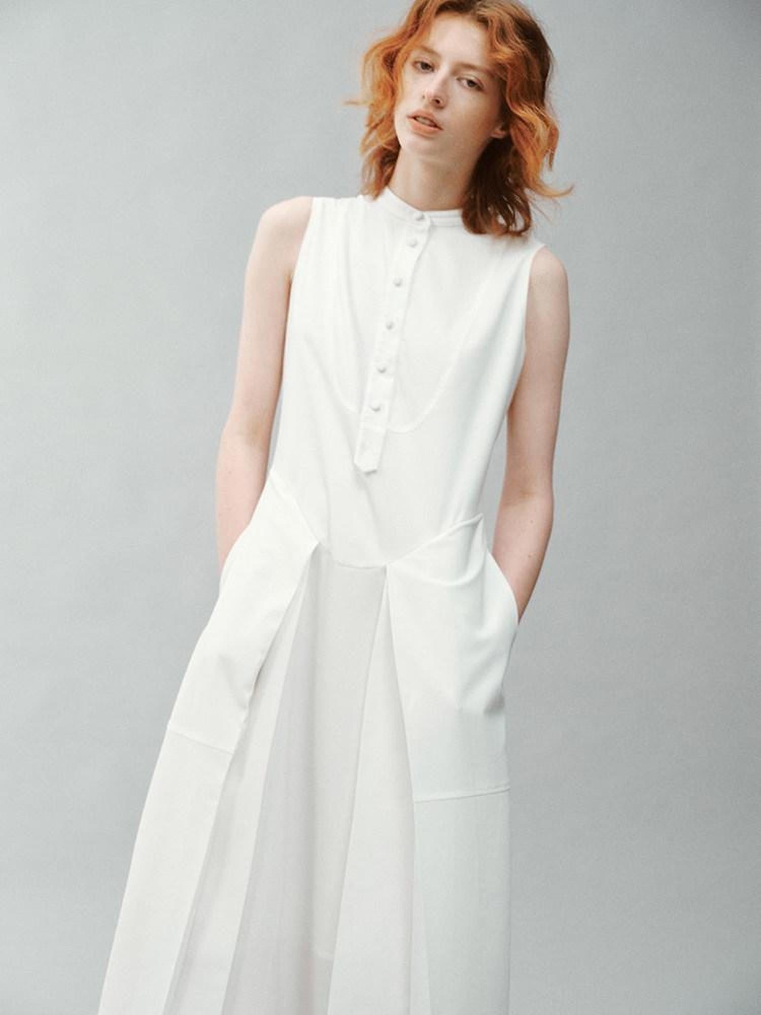 FUSSED Pure White Silk Splice Pleat Stand Collar Women&